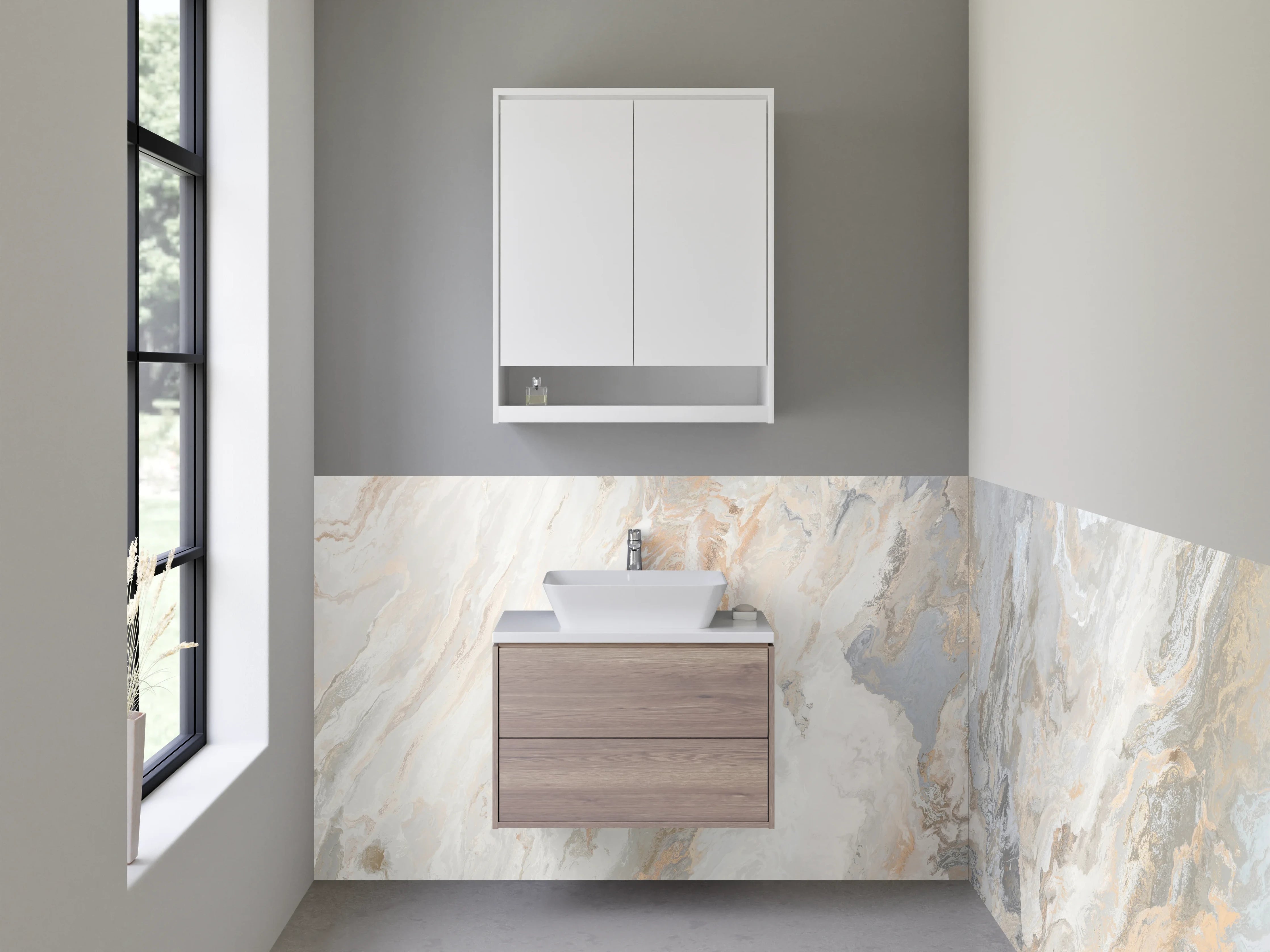 Waschbecken-Rückwand - Helles Marmor Design in Weiß-Grau