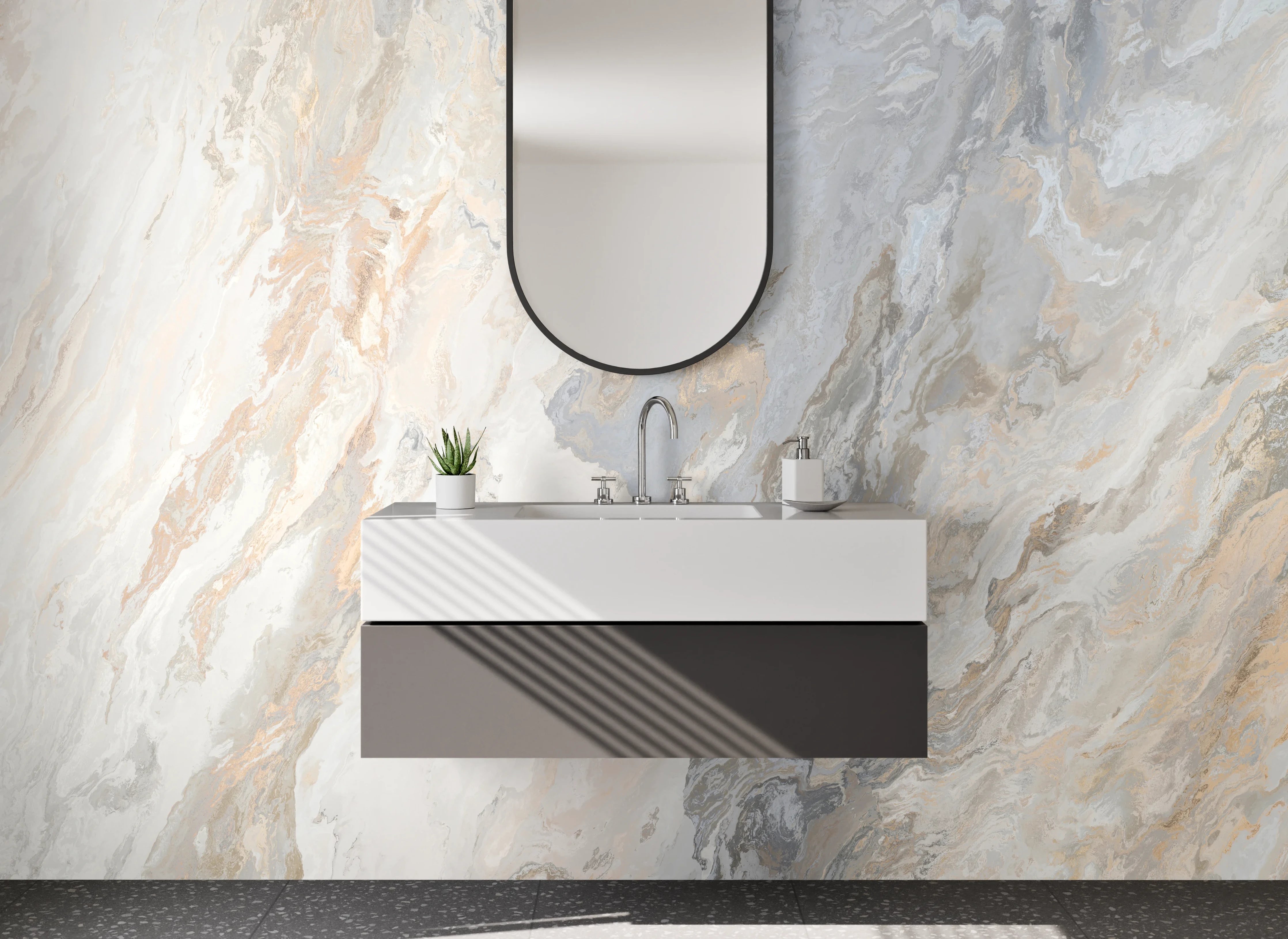 Waschbecken-Rückwand - Helles Marmor Design in Weiß-Grau