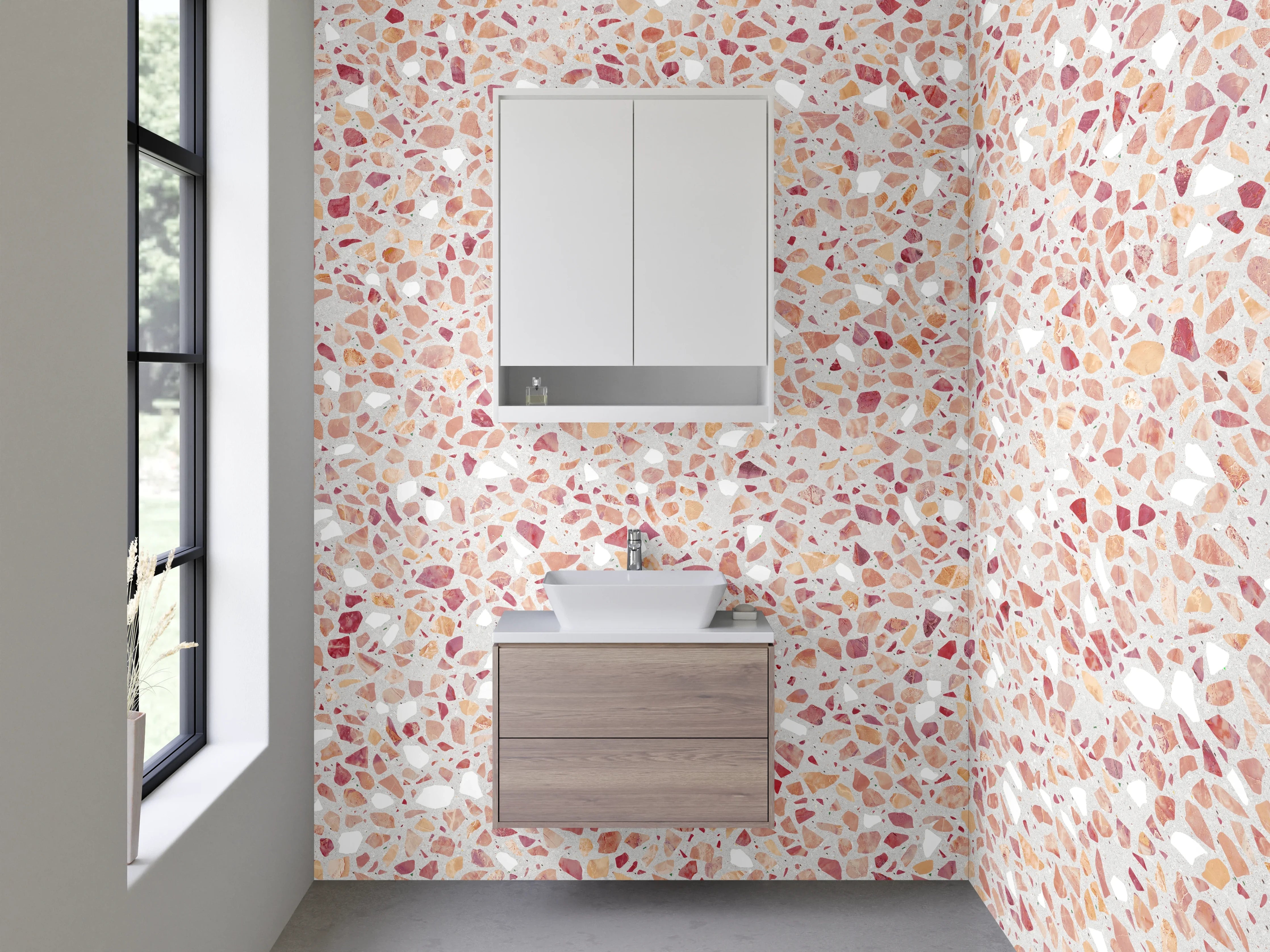 Waschbecken-Rückwand - Helles Mosaikmuster in Rosa und Sandfarben