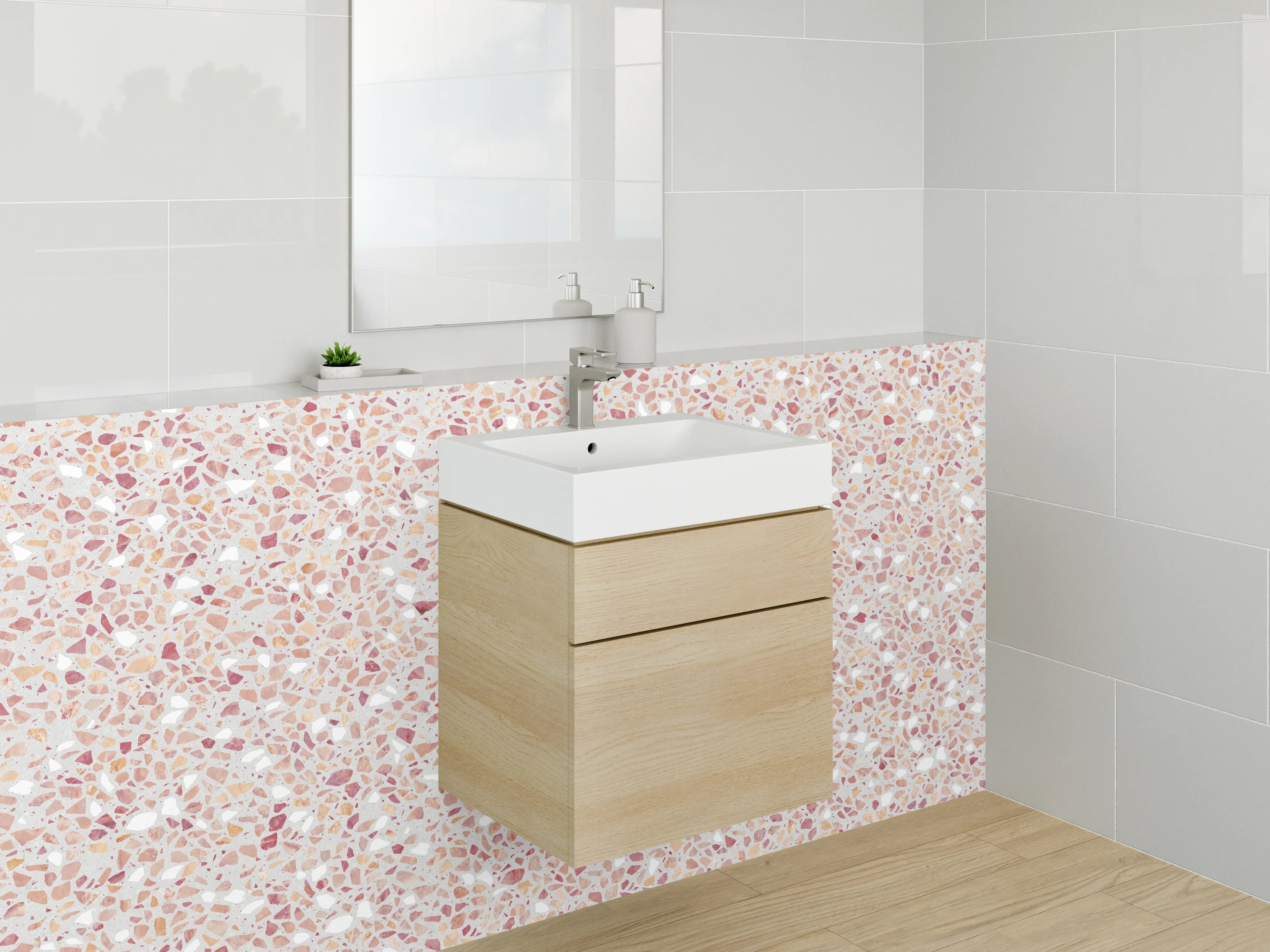 Waschbecken-Rückwand - Helles Mosaikmuster in Rosa und Sandfarben