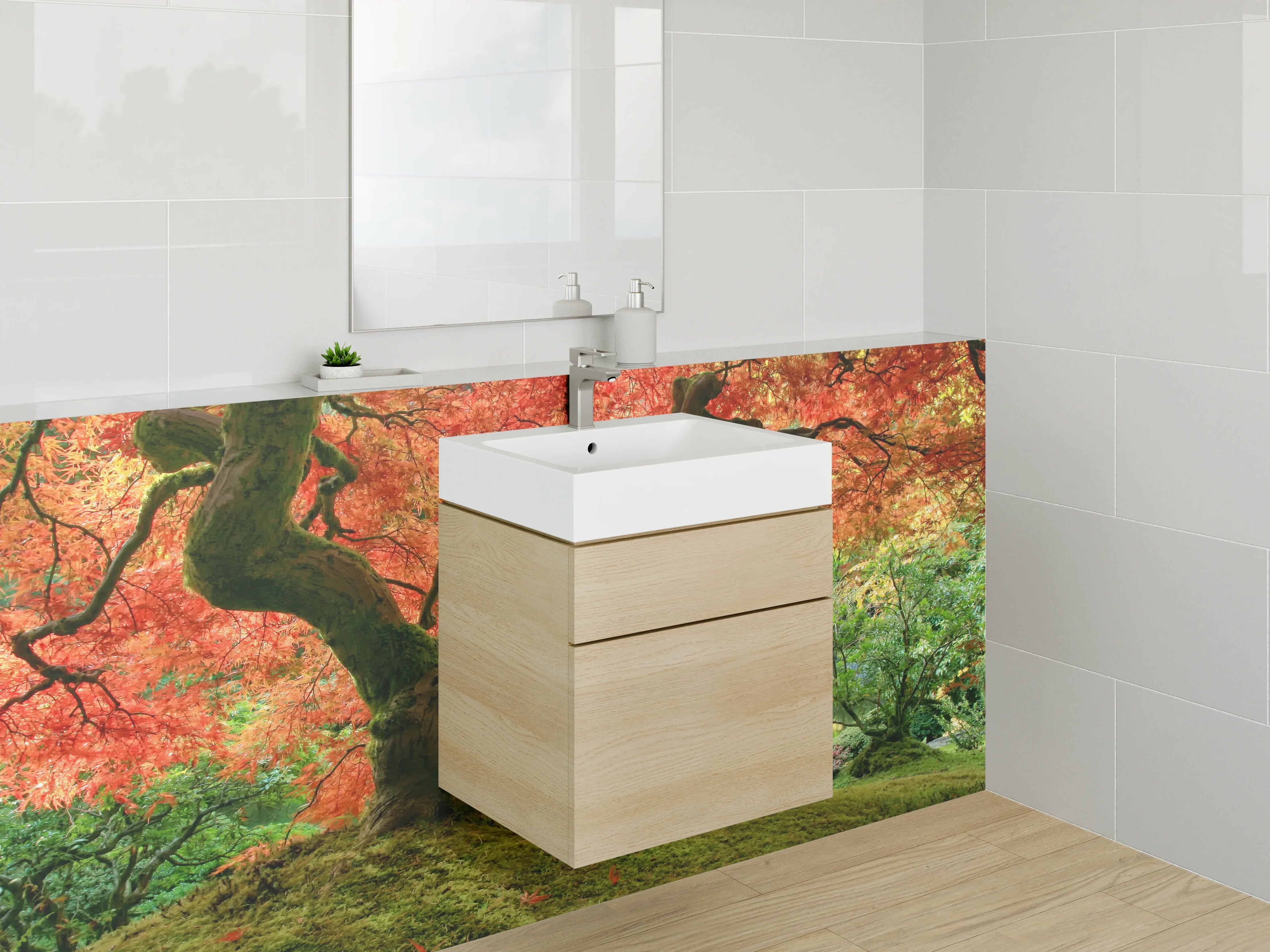 Waschbecken-Rückwand - Herbstgrau am weißen Ahorn