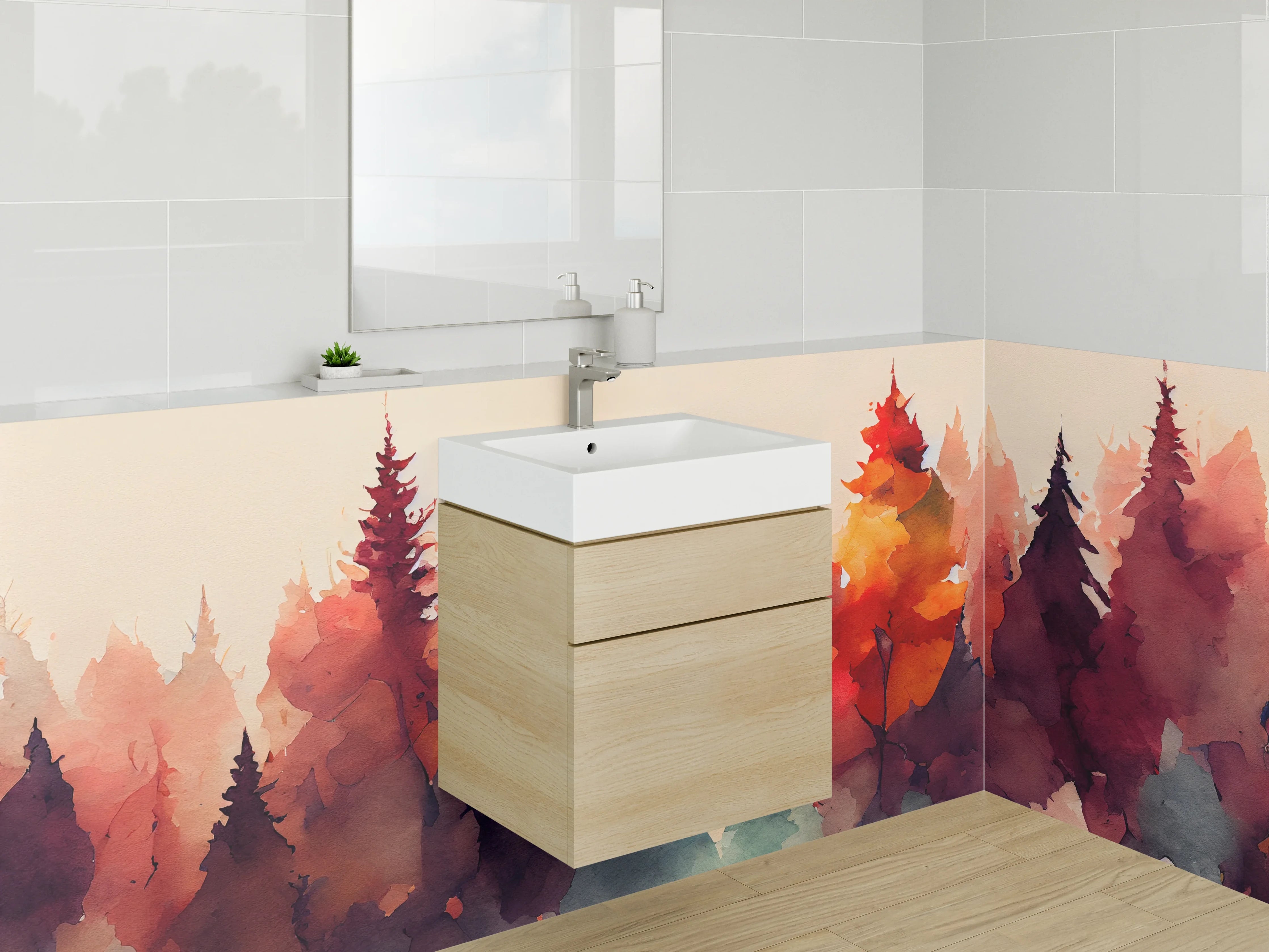 Waschbecken-Rückwand - Herbstliche Baumlandschaft Wasserfarben