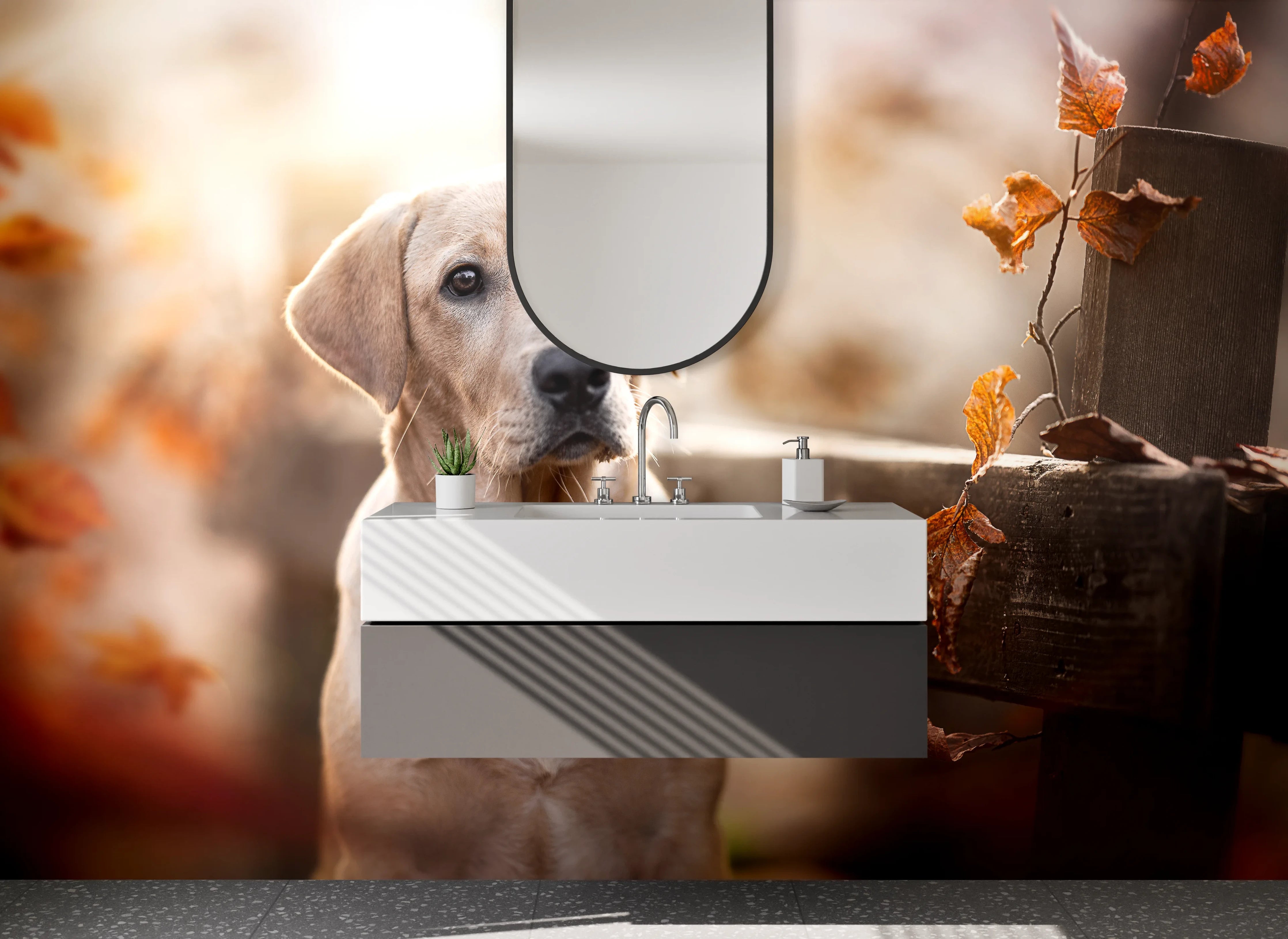 Waschbecken-Rückwand - Herbstlicher Labrador Hund Fotomotiv