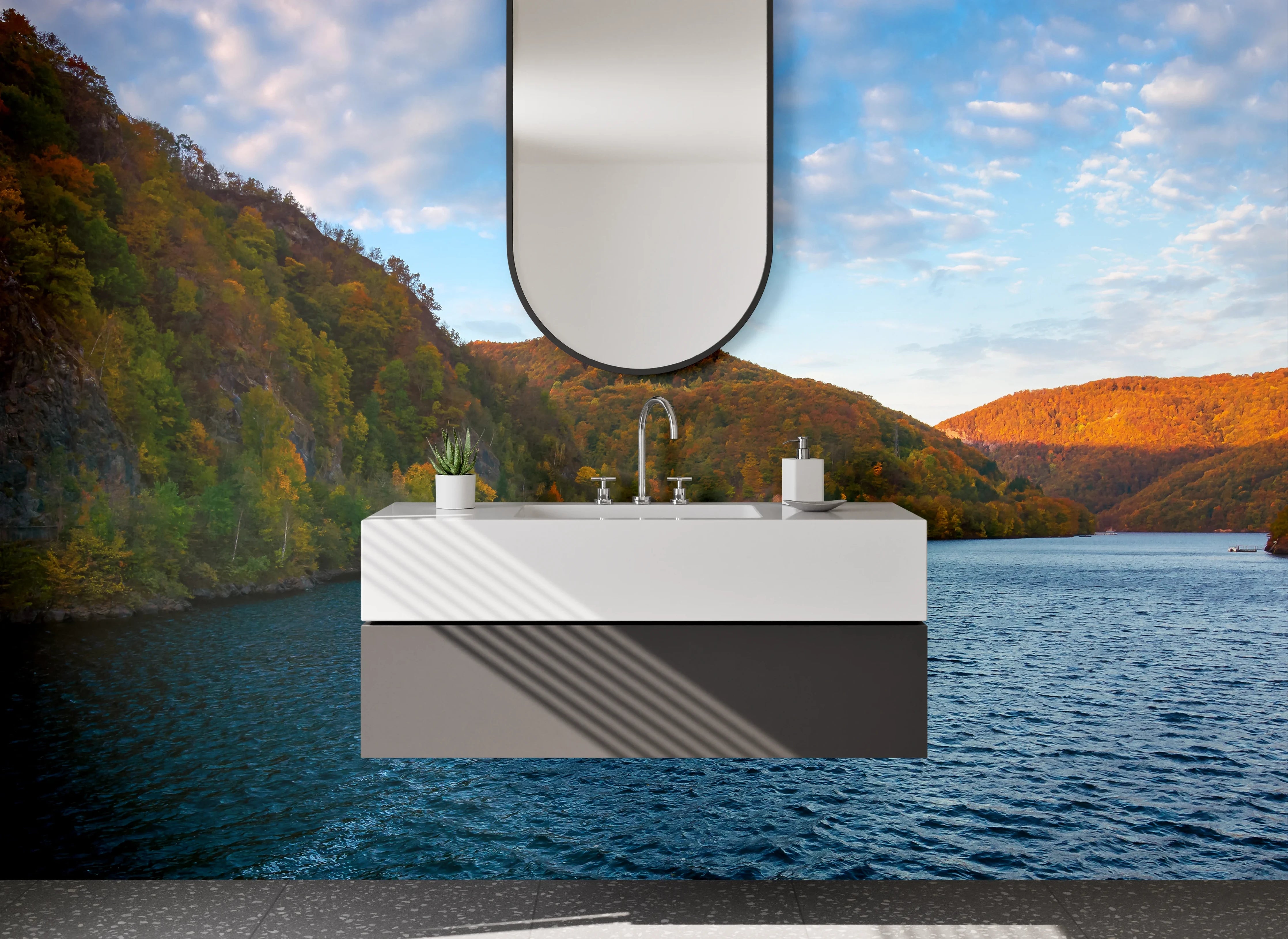 Waschbecken-Rückwand - Herbstlicher See im Mittelgebirge