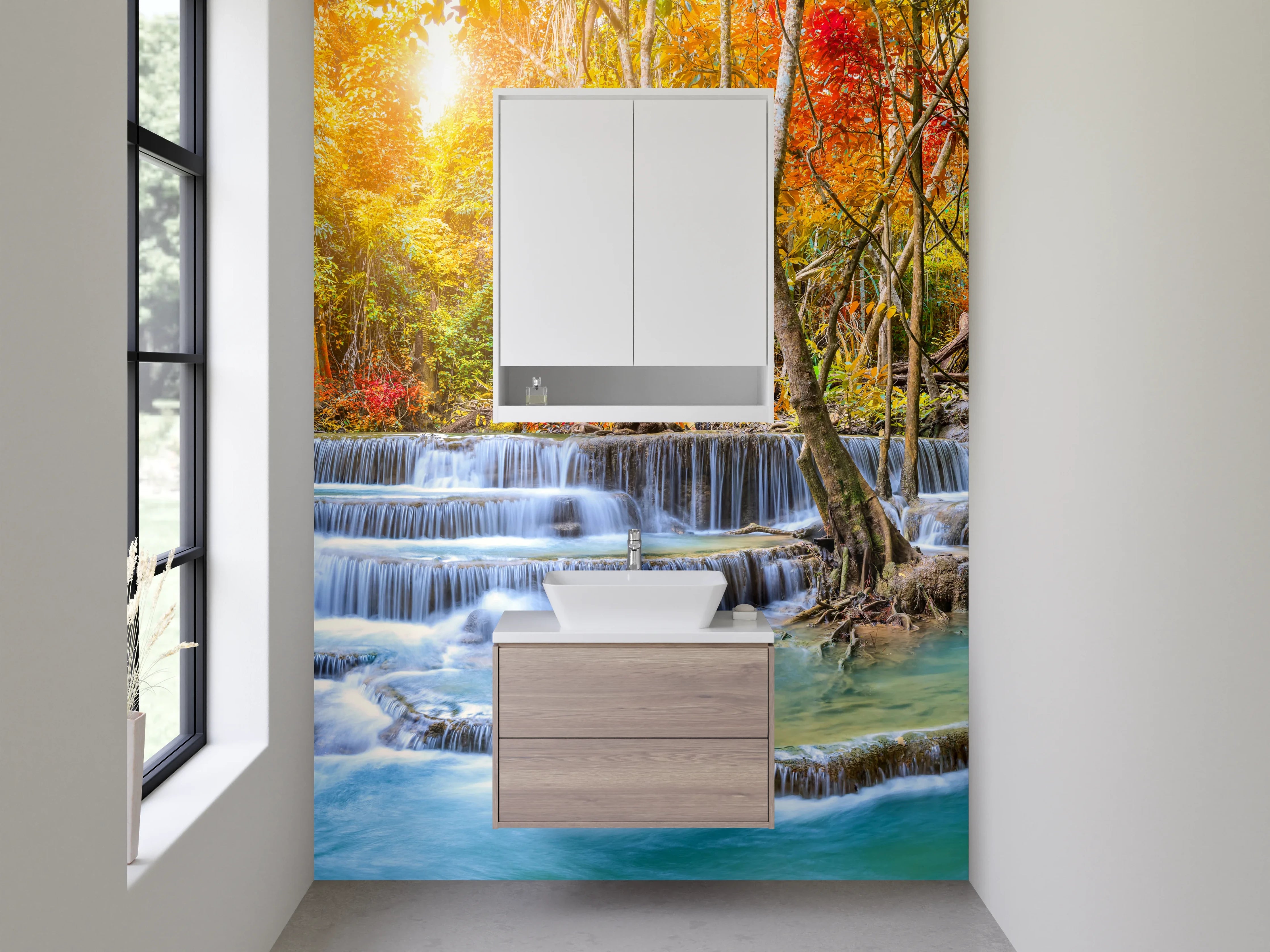 Waschbecken-Rückwand - Herbstlicher Wasserfall im Zauberwald