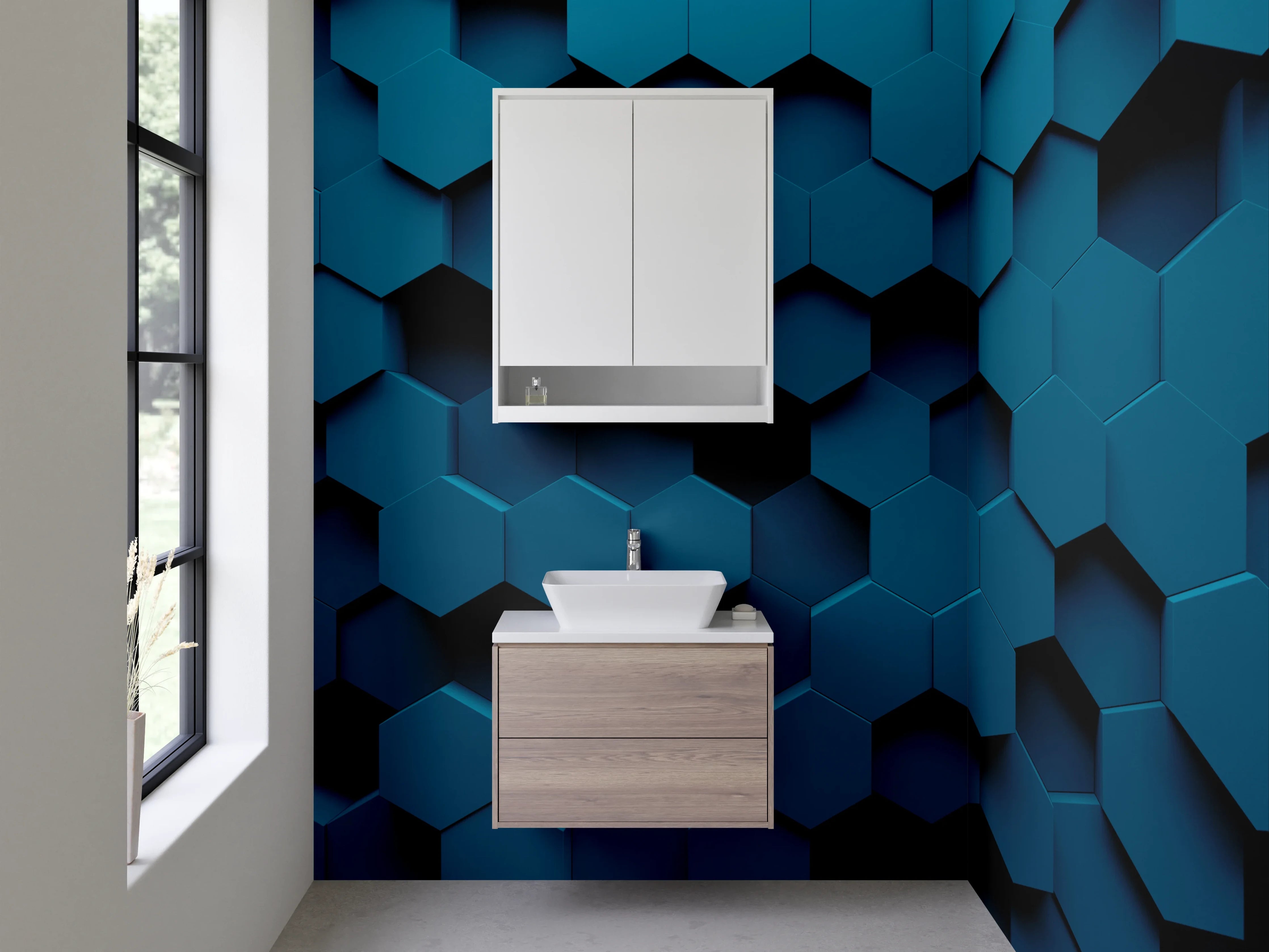 Waschbecken-Rückwand - Hexagon 3D Blau Design