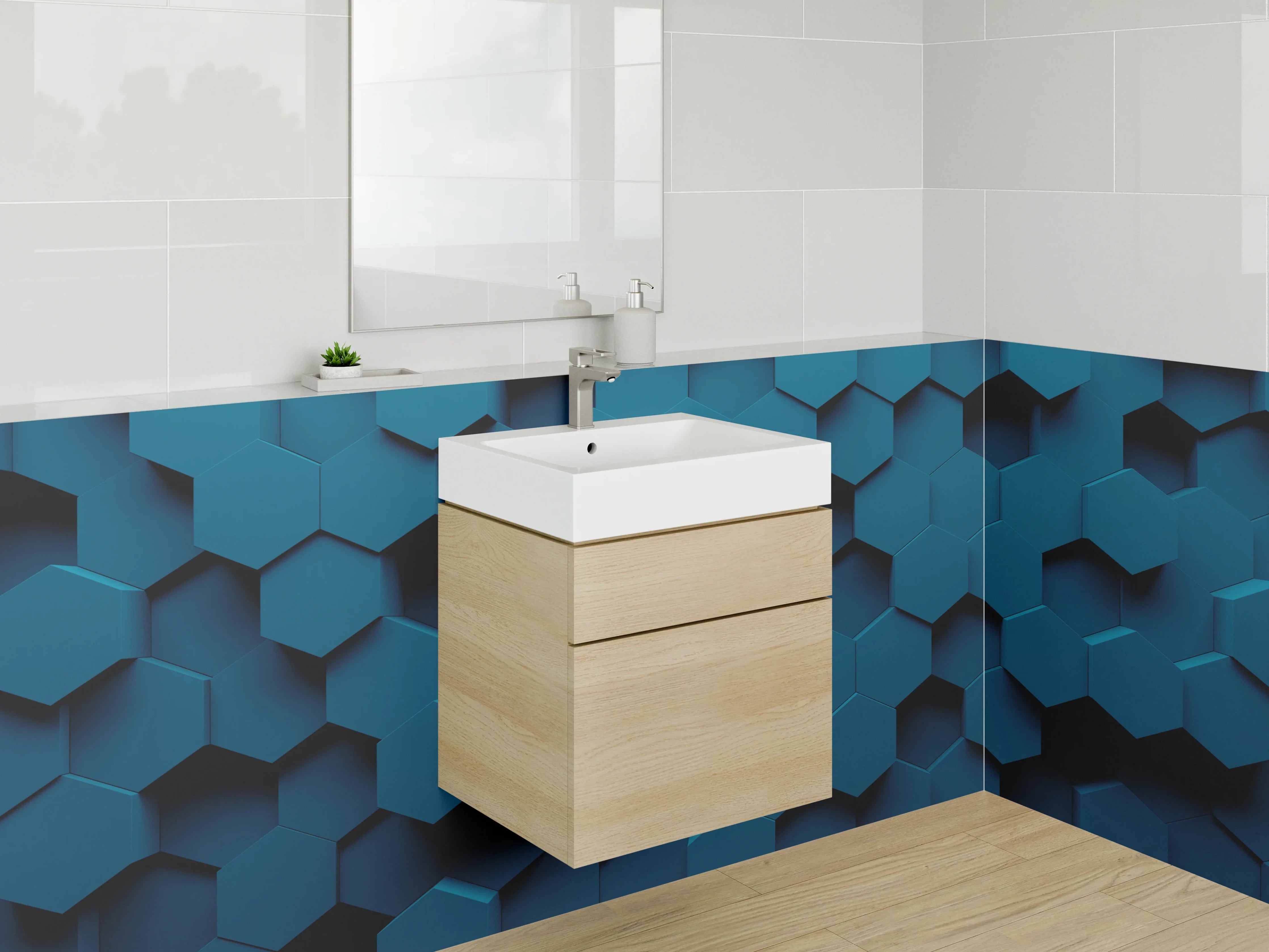 Waschbecken-Rückwand - Hexagon 3D Blau Design