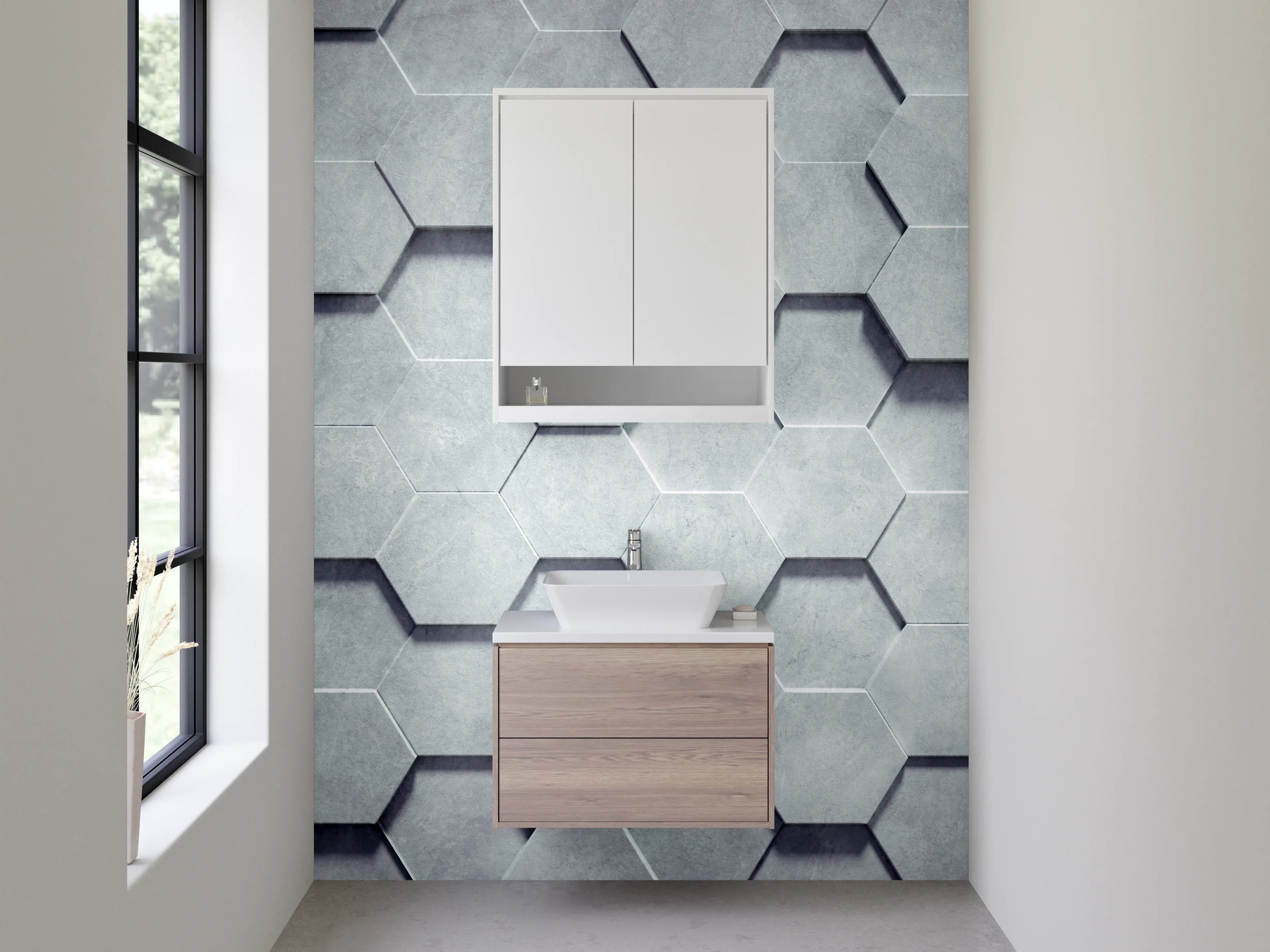 Waschbecken-Rückwand - Hexagon 3D Muster Weiß Grau