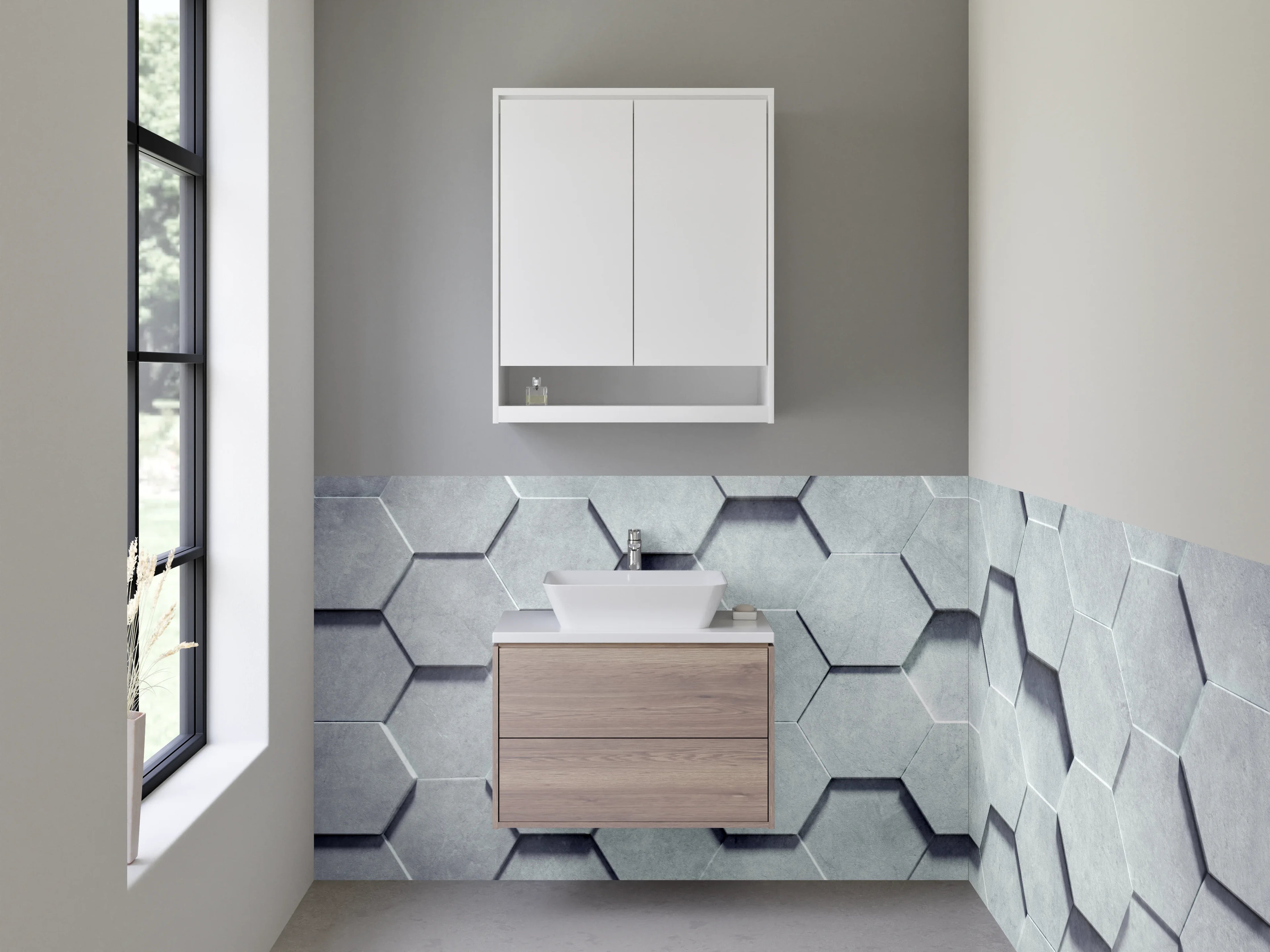 Waschbecken-Rückwand - Hexagon 3D Muster Weiß Grau