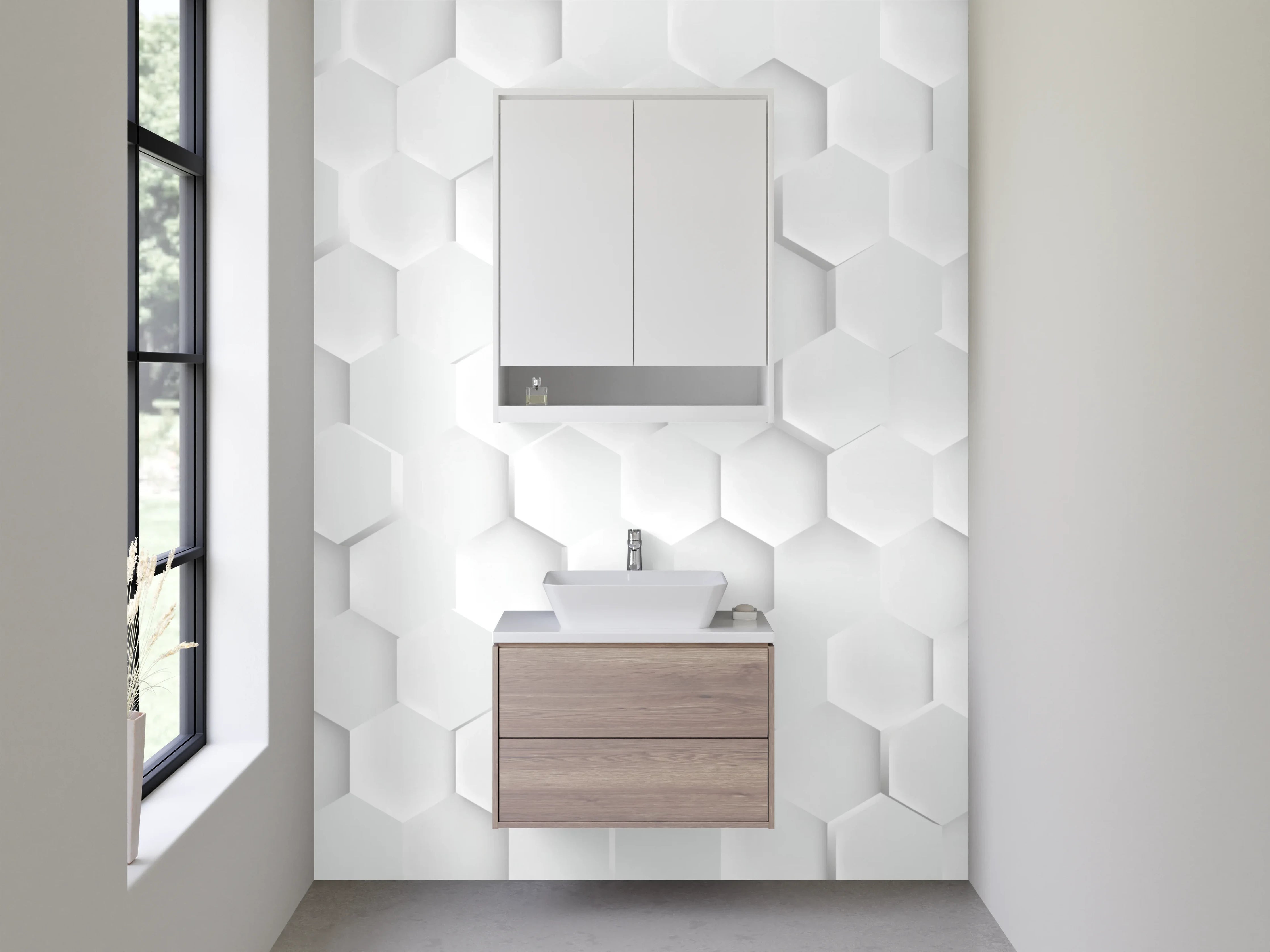 Waschbecken-Rückwand - Hexagon 3D Struktur in Weiß und Grau