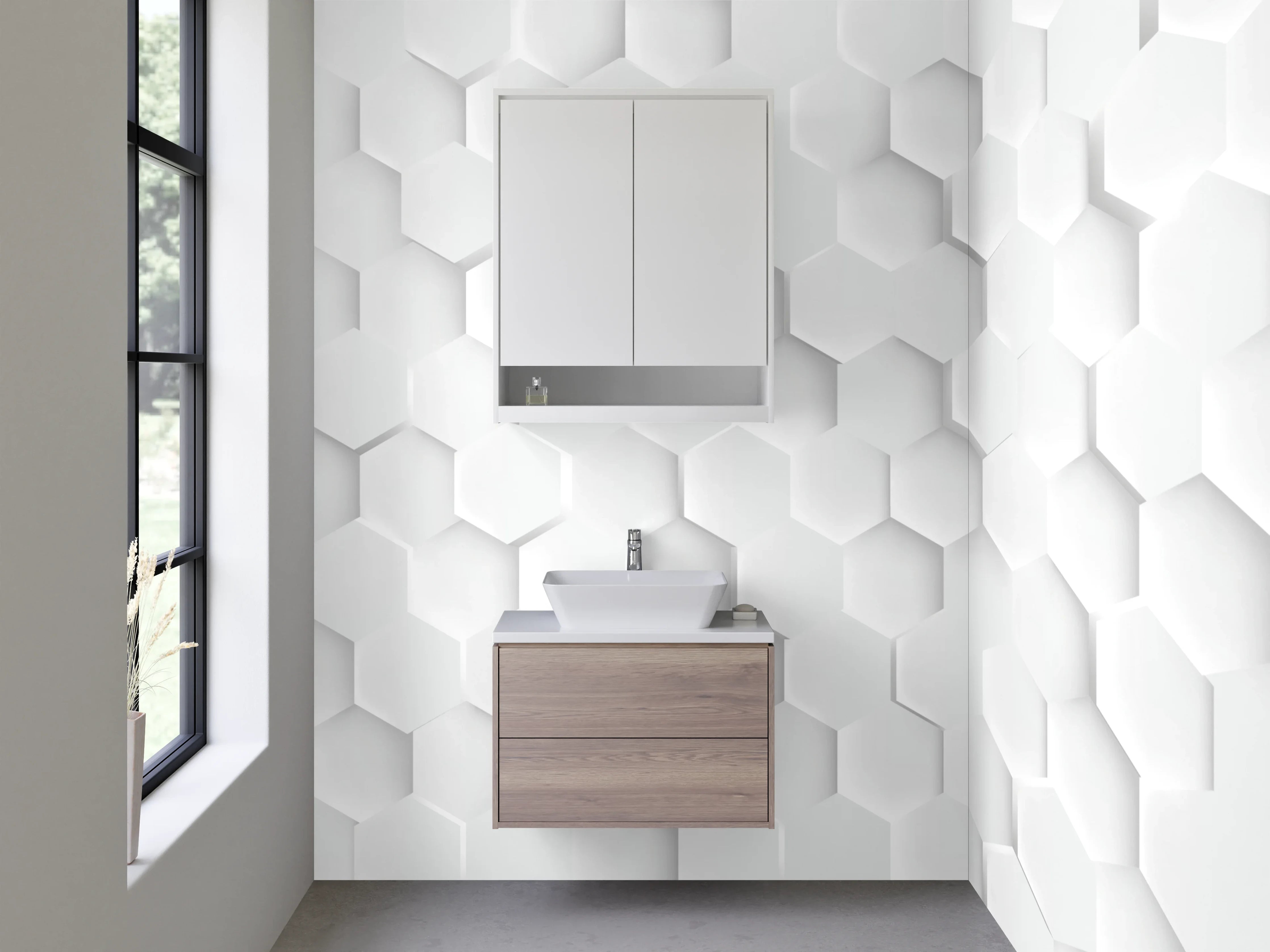 Waschbecken-Rückwand - Hexagon 3D Struktur in Weiß und Grau