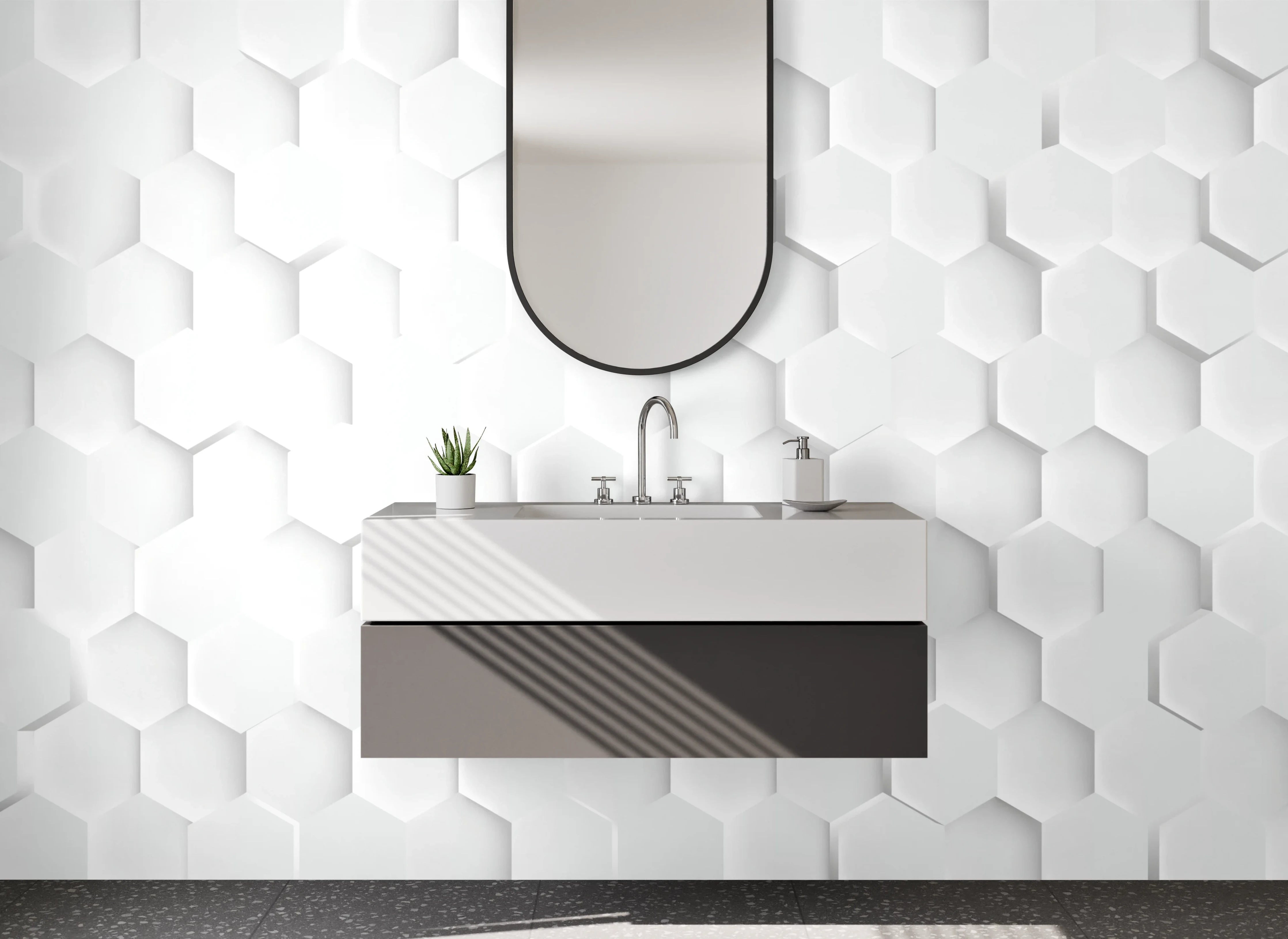 Waschbecken-Rückwand - Hexagon 3D Struktur in Weiß und Grau