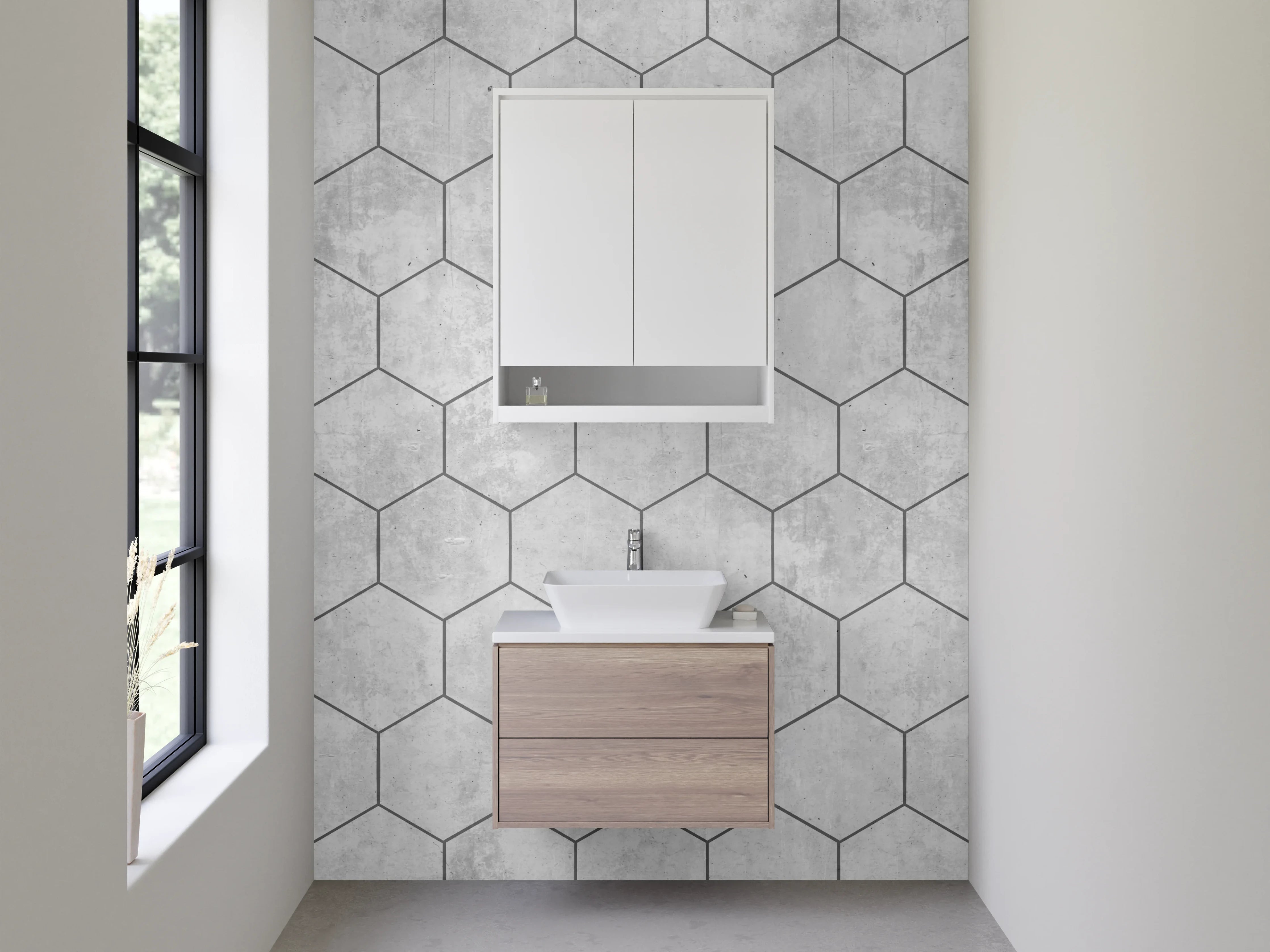 Waschbecken-Rückwand - Hexagon Betonoptik Weiß-Grau