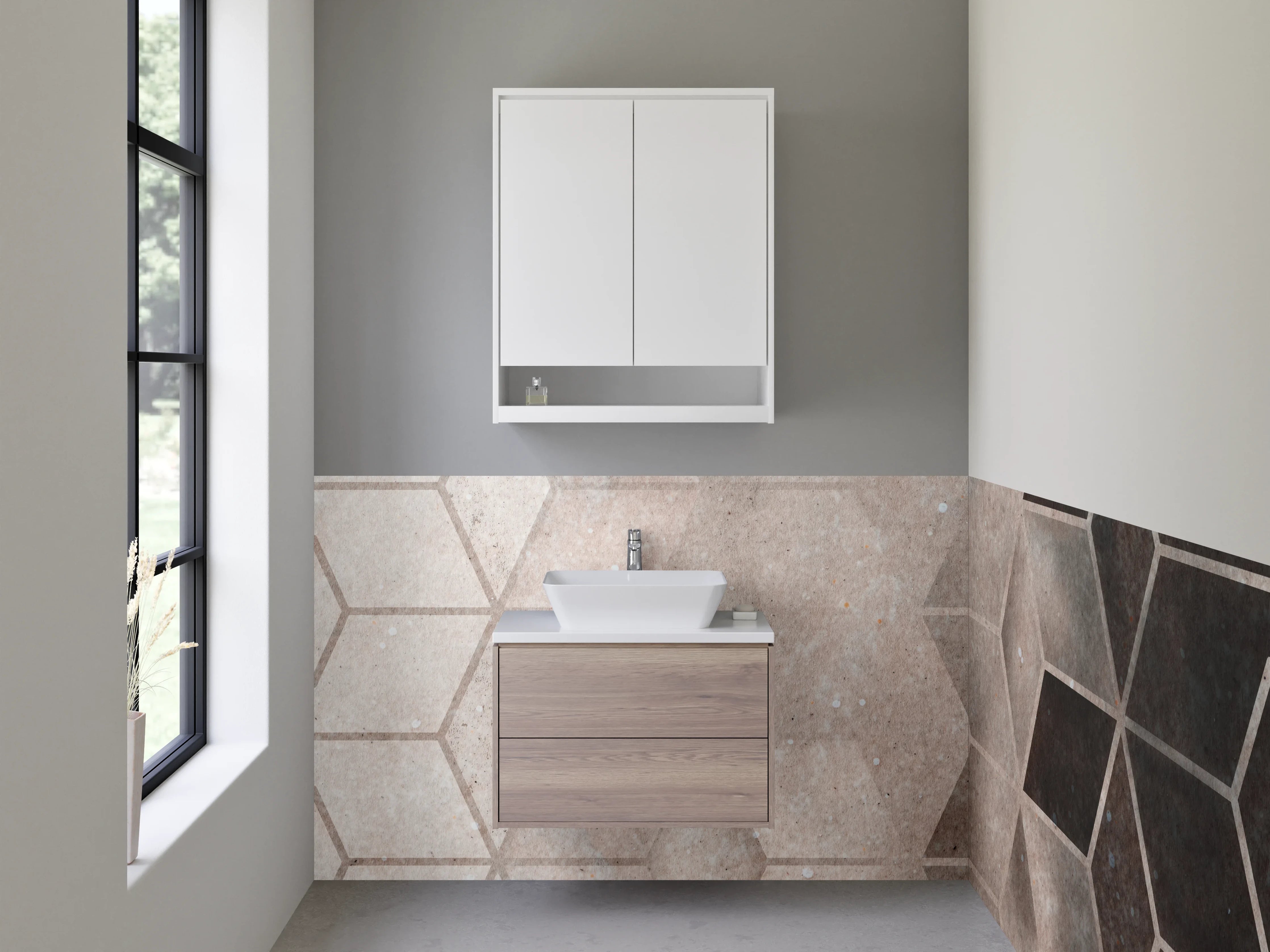 Waschbecken-Rückwand - Hexagon Design in Beige und Braun