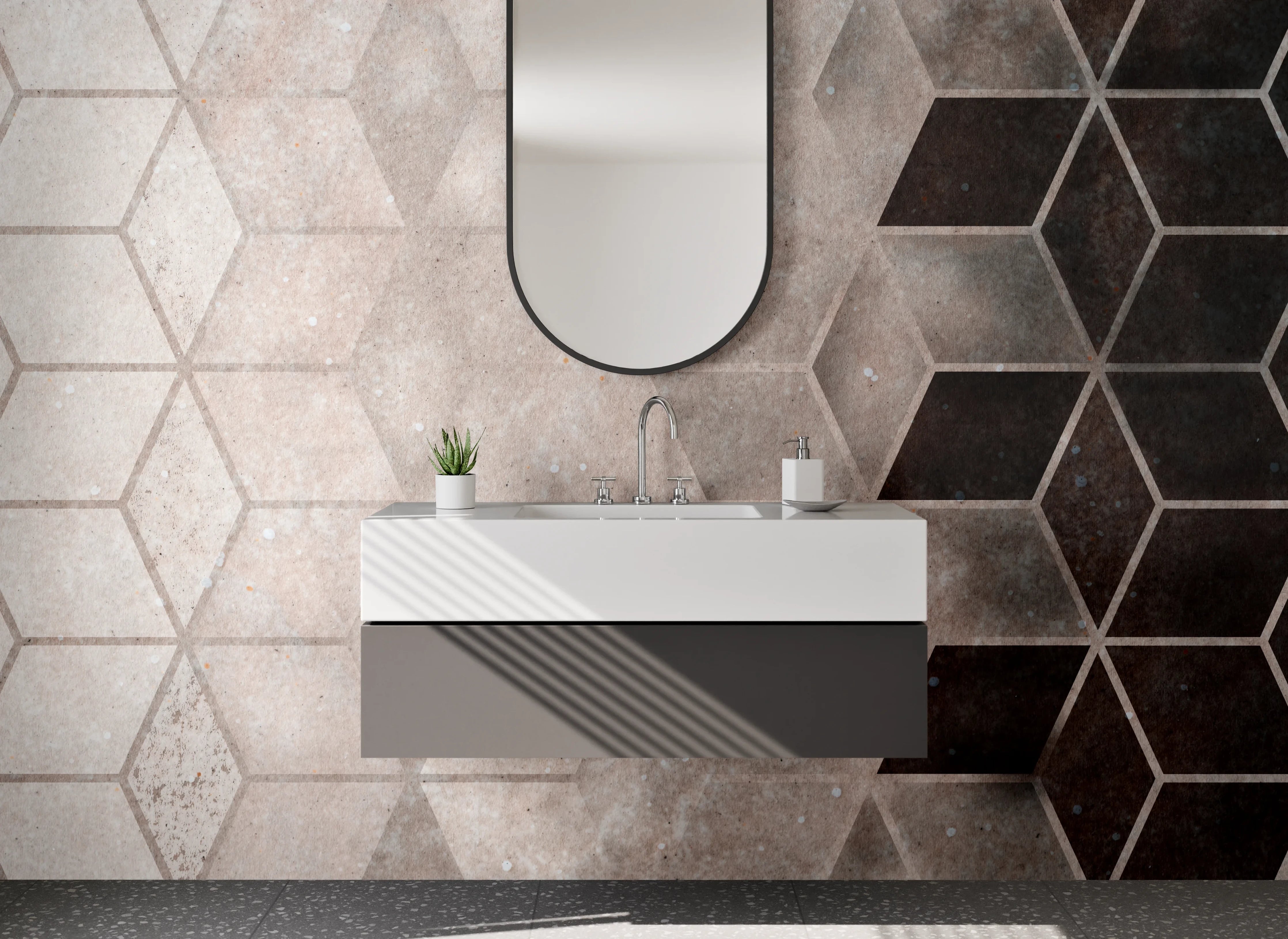 Waschbecken-Rückwand - Hexagon Design in Beige und Braun