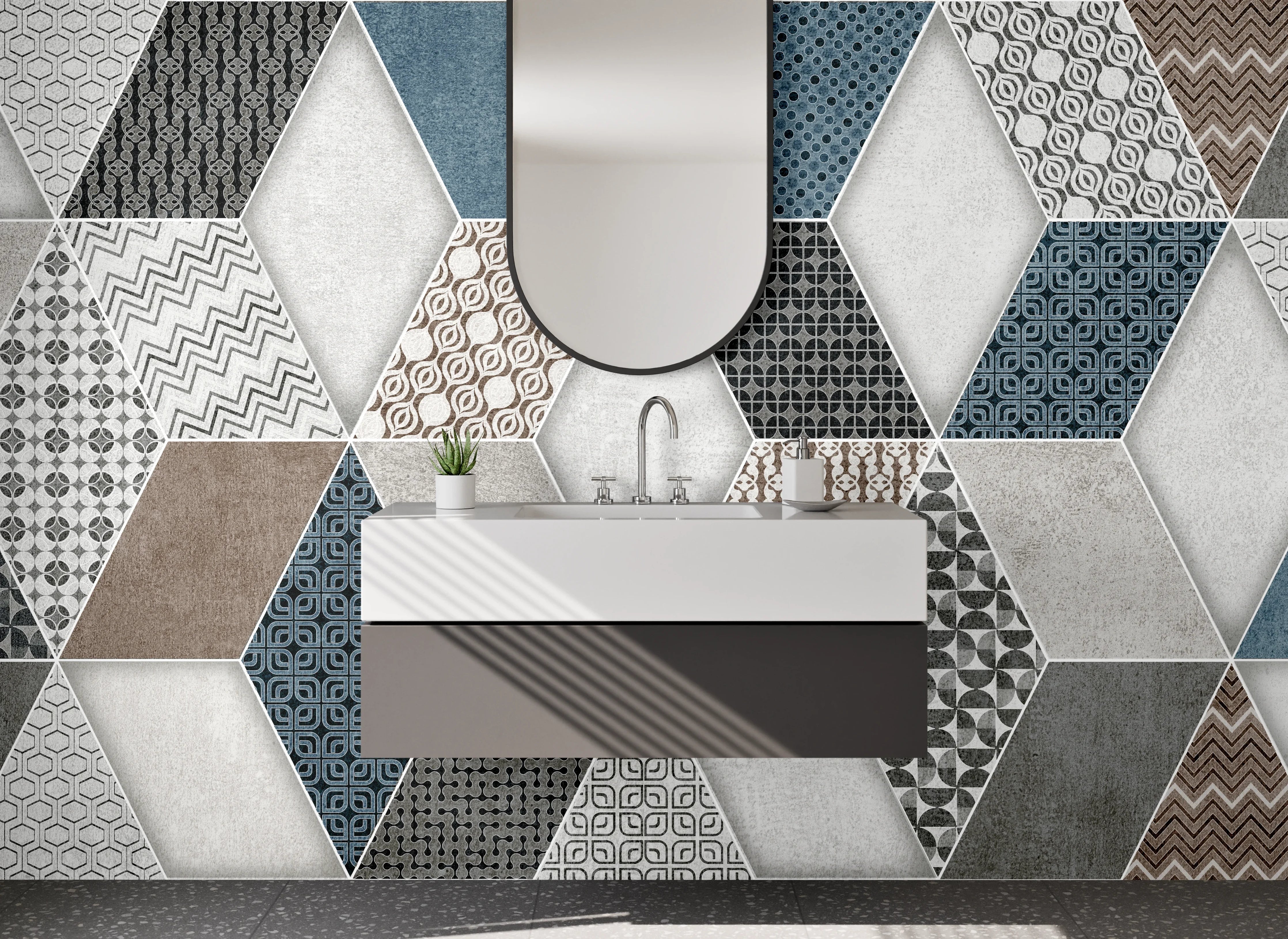 Waschbecken-Rückwand - Hexagon Fliesenmuster Blau Grau Braun