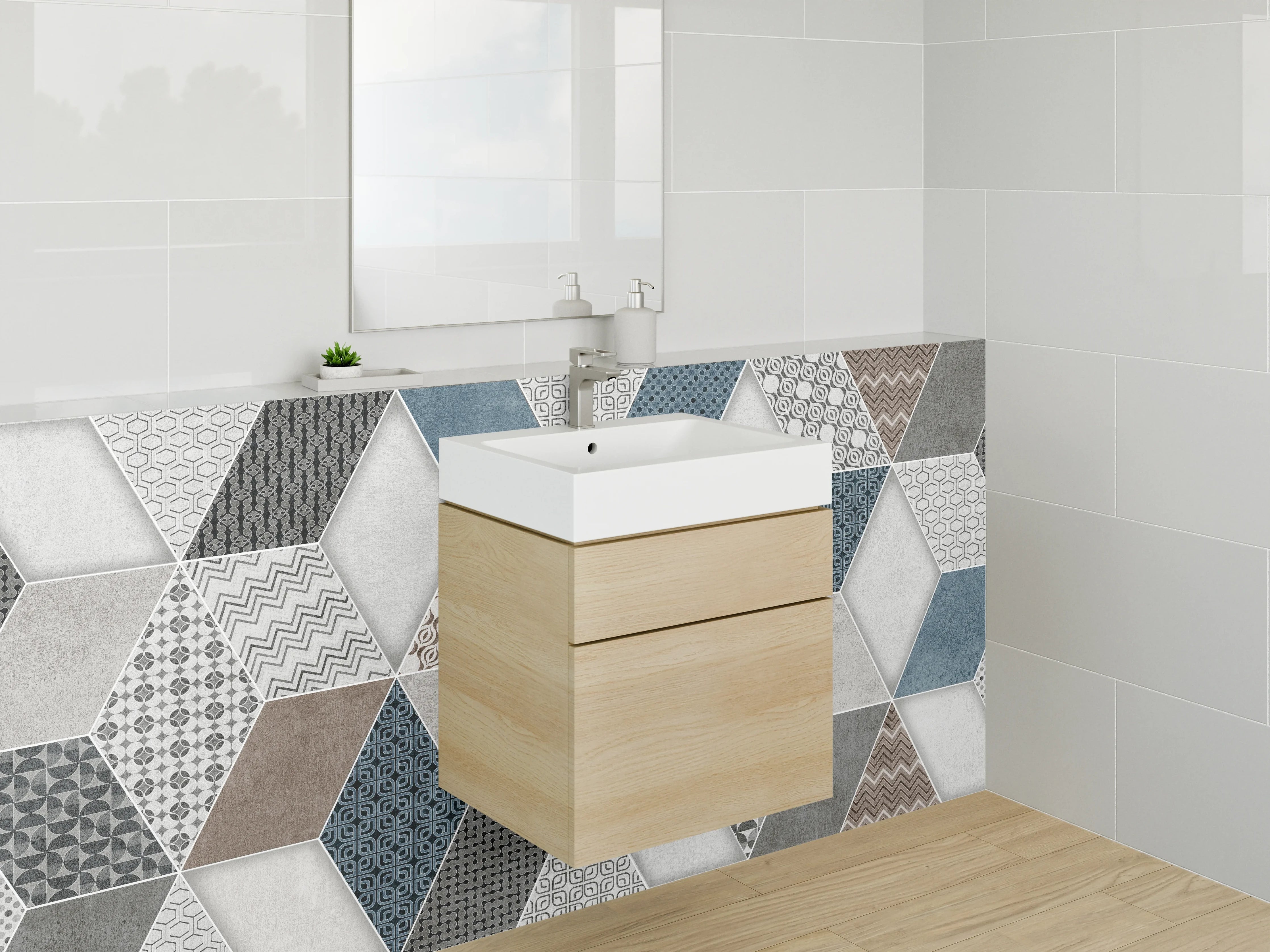 Waschbecken-Rückwand - Hexagon Fliesenmuster Blau Grau Braun