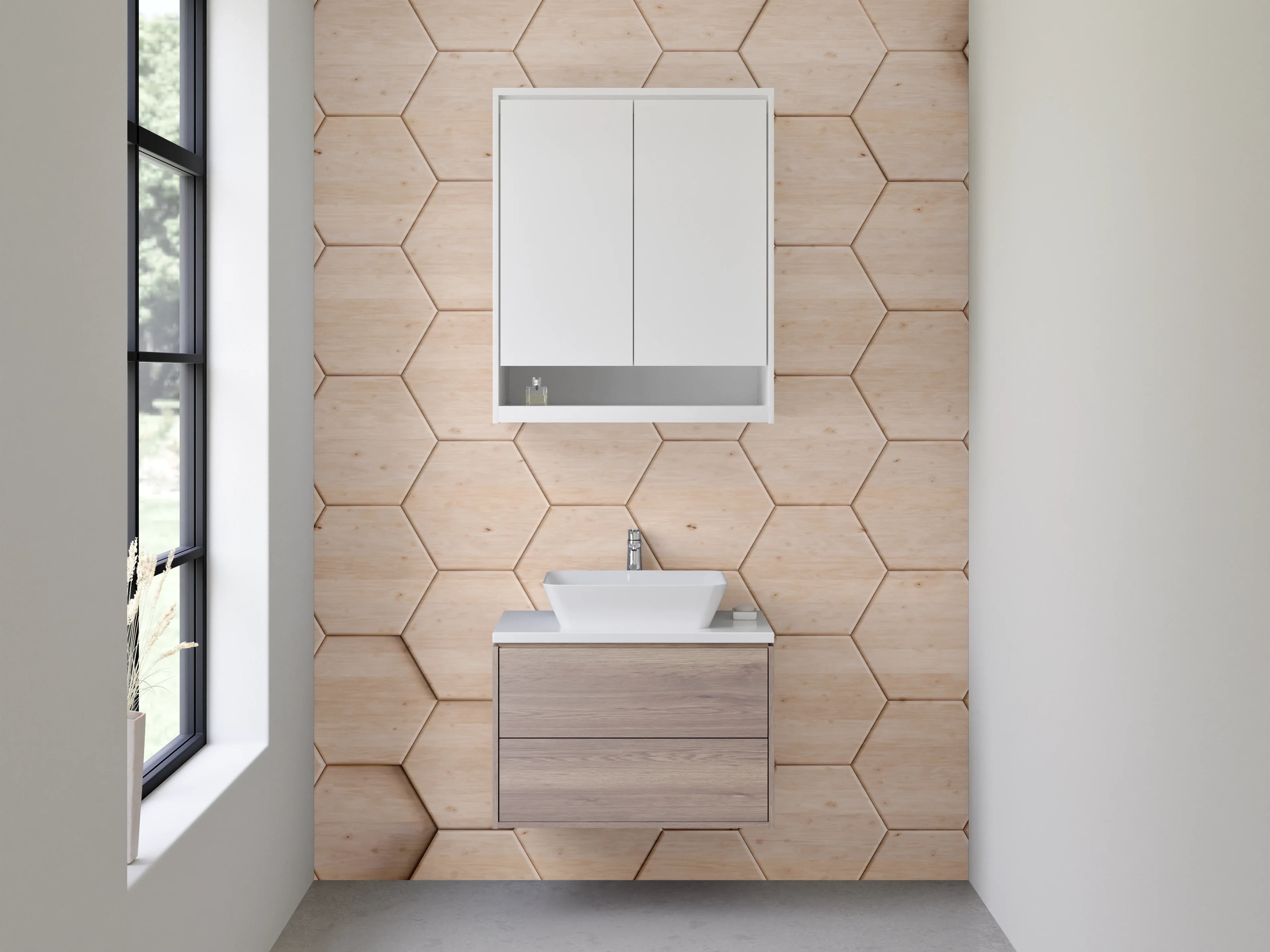 Waschbecken-Rückwand - Hexagon Holzoptik Mosaik beige