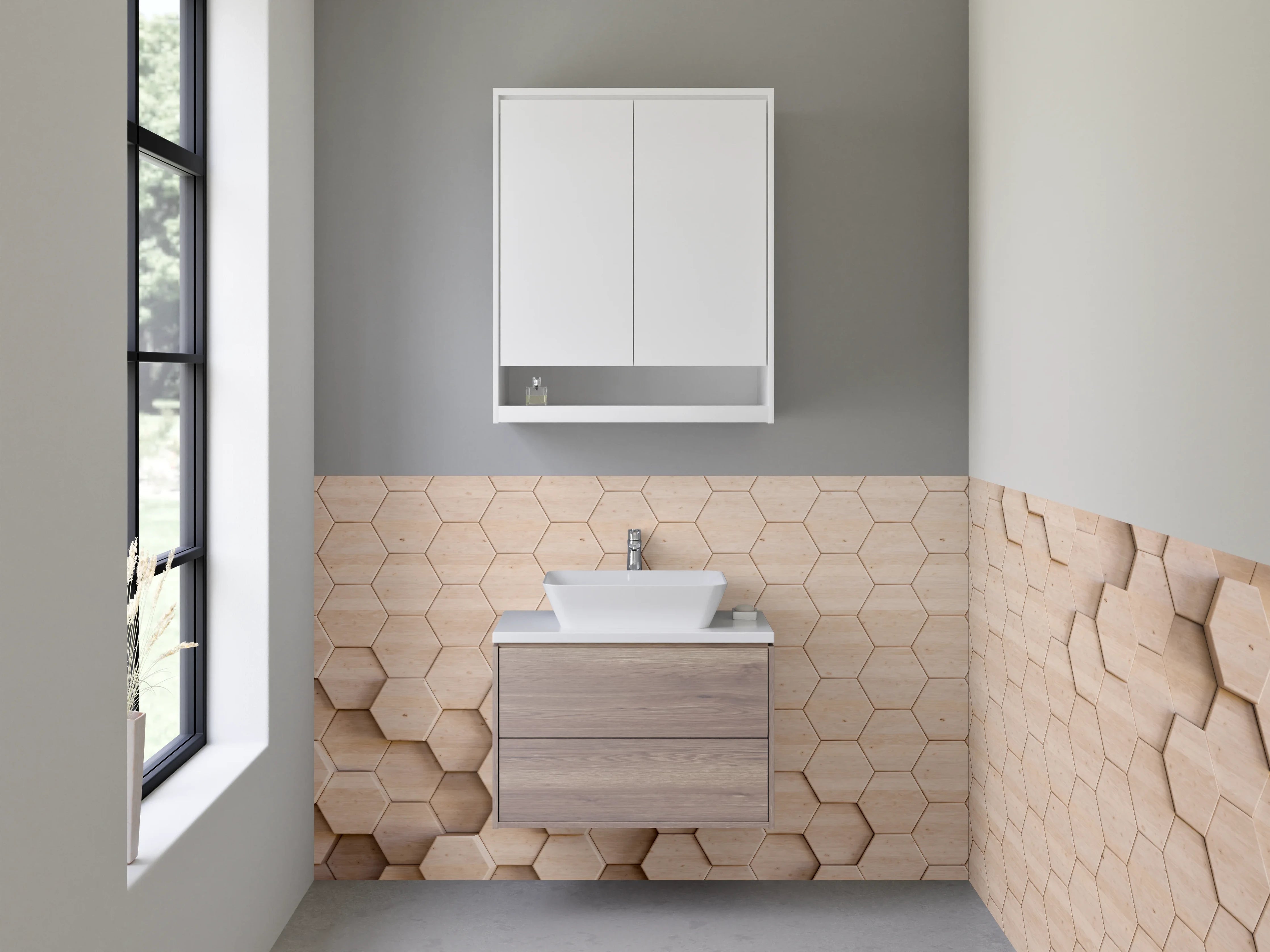 Waschbecken-Rückwand - Hexagon Holzoptik Mosaik beige