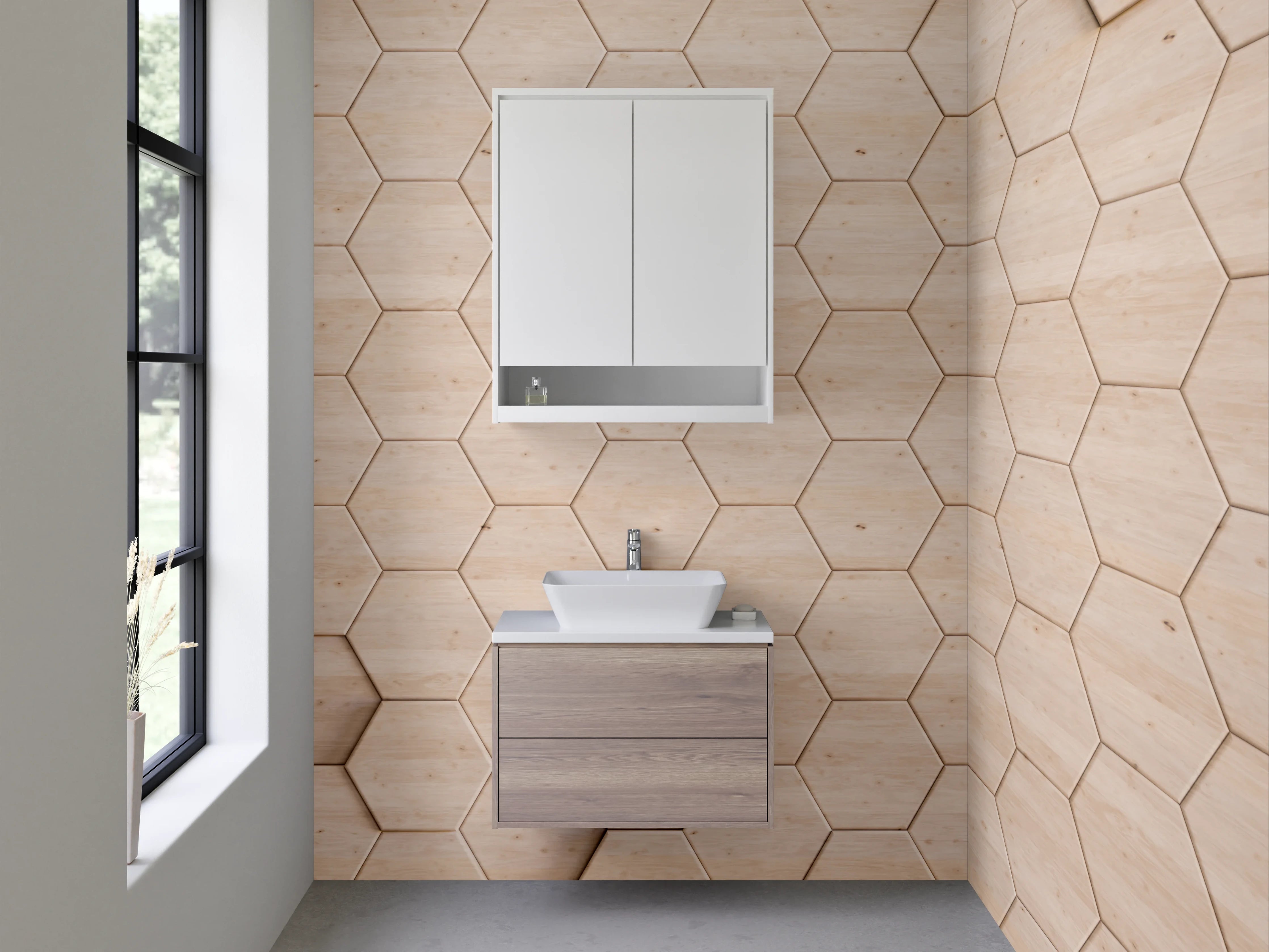 Waschbecken-Rückwand - Hexagon Holzoptik Mosaik beige