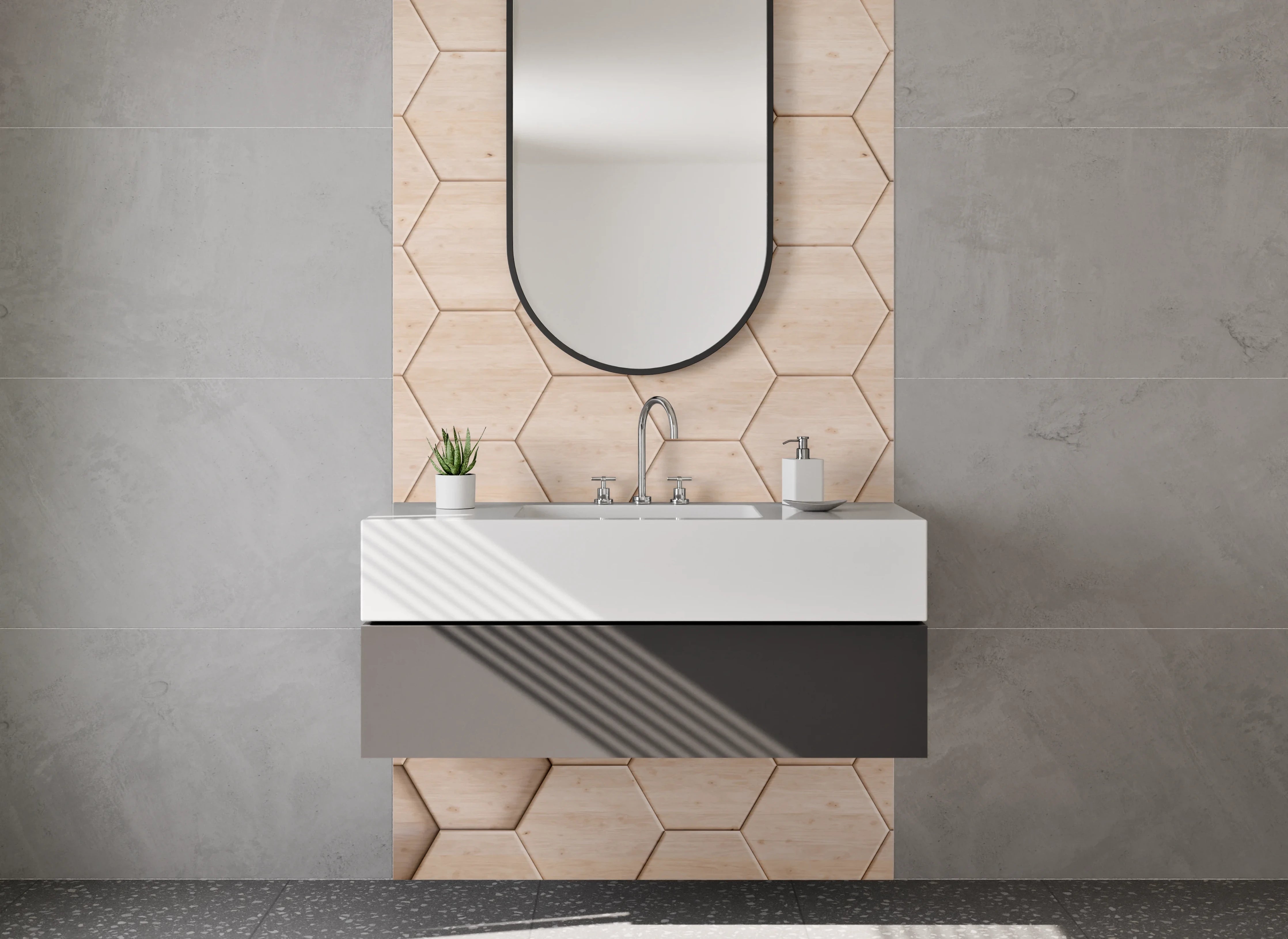 Waschbecken-Rückwand - Hexagon Holzoptik Mosaik beige