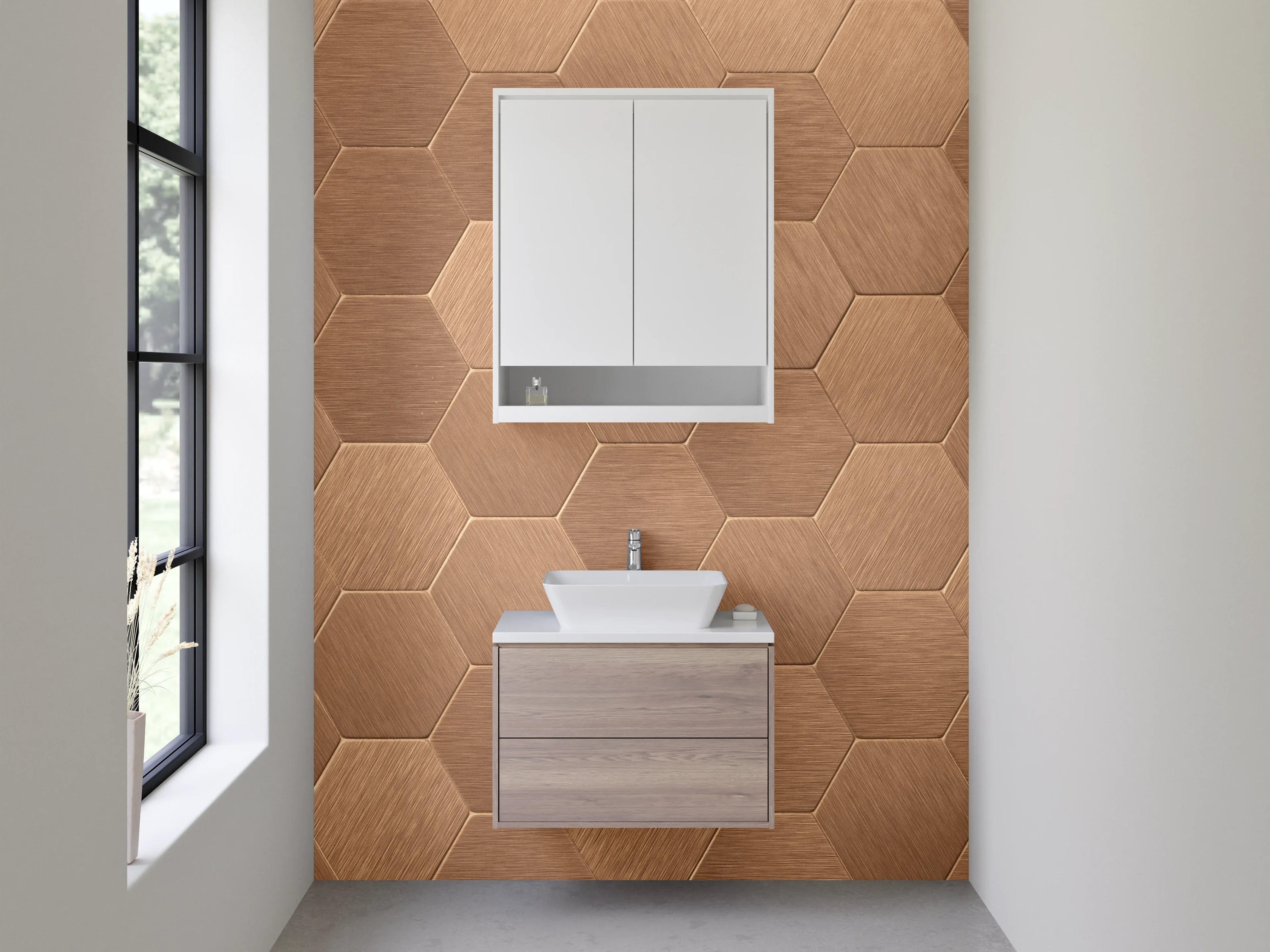 Waschbecken-Rückwand - Hexagon Kupfer Wandmuster