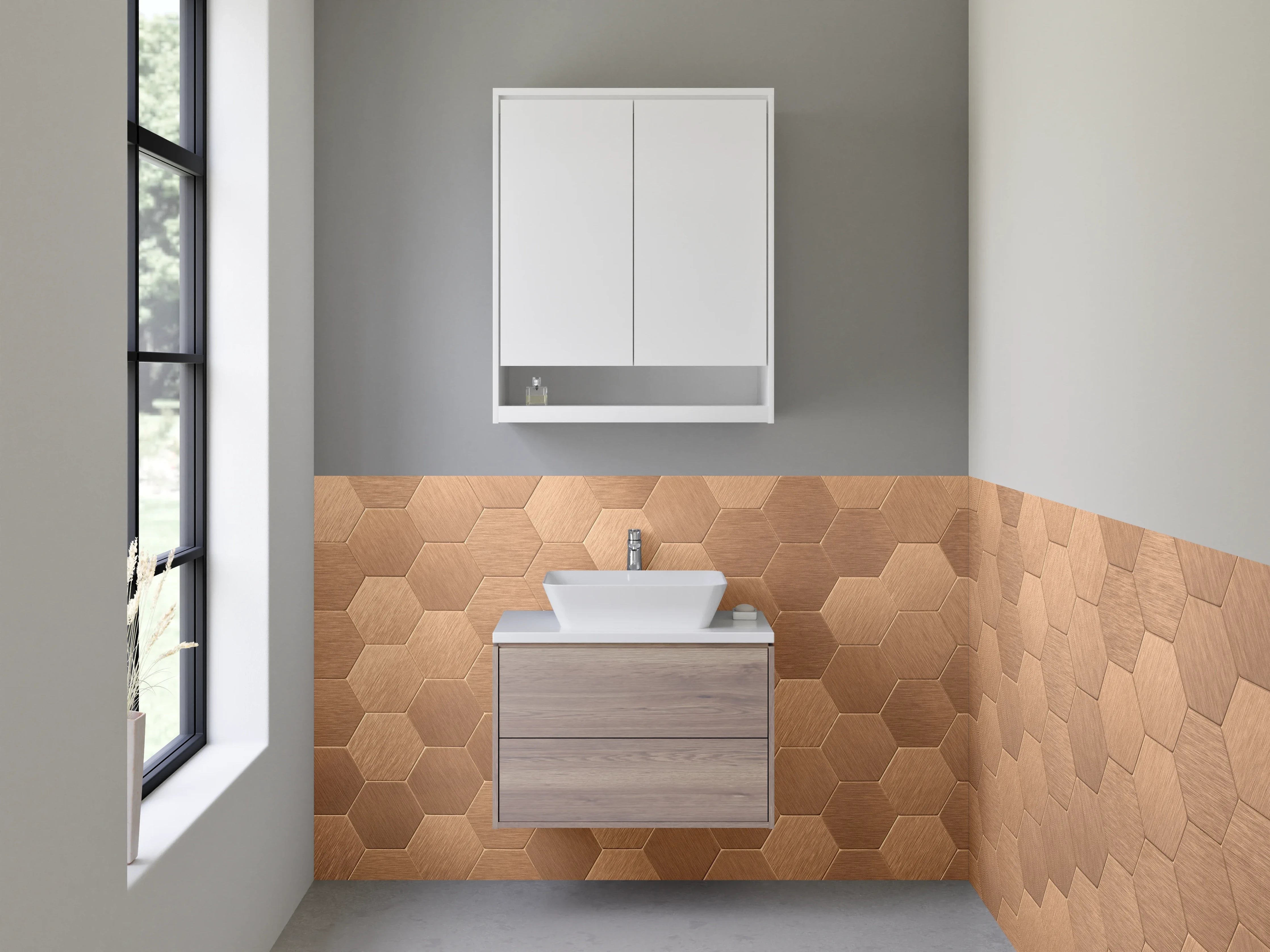 Waschbecken-Rückwand - Hexagon Kupfer Wandmuster