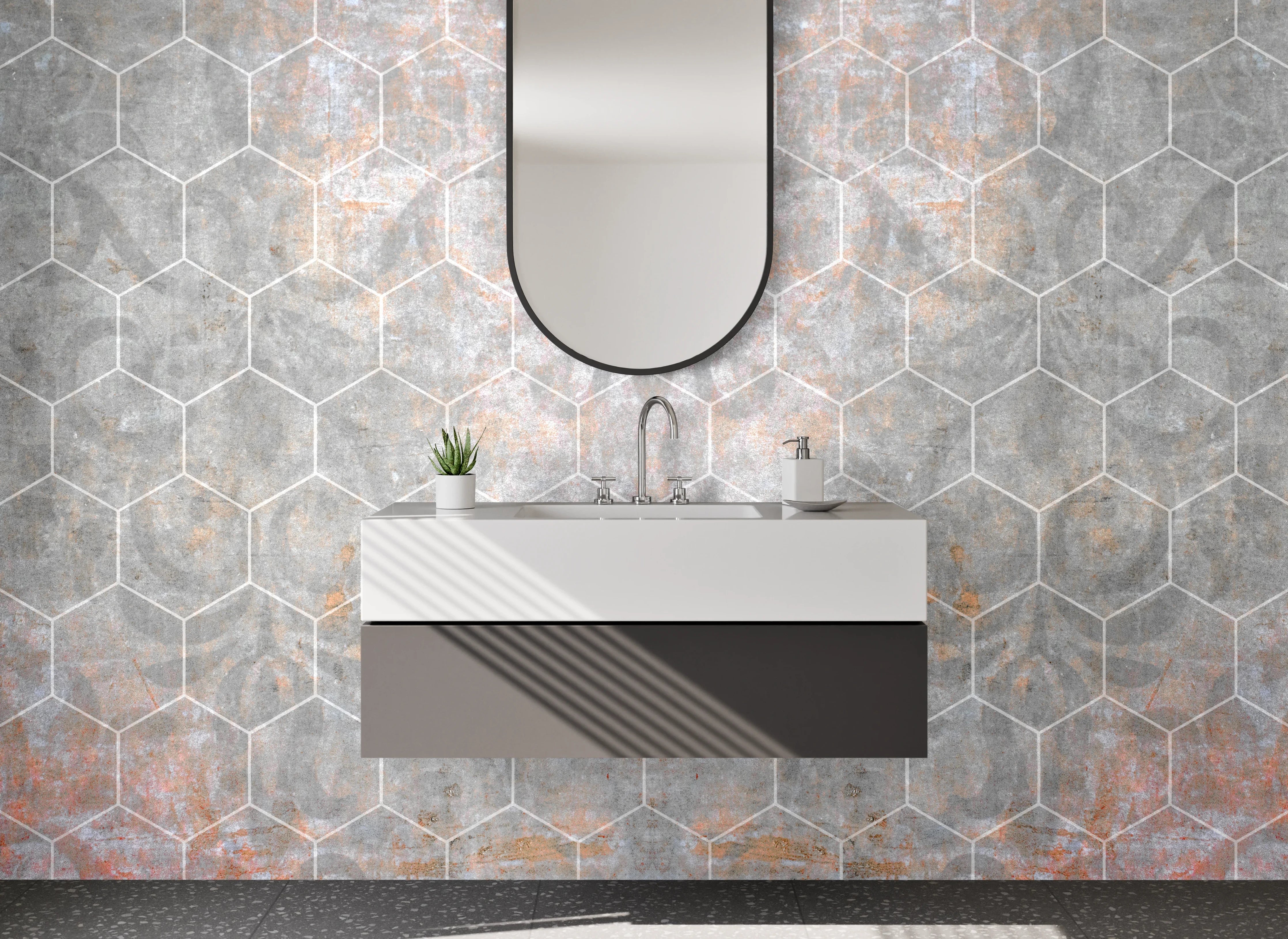 Waschbecken-Rückwand - Hexagon Marmor Vintage Grau Optik