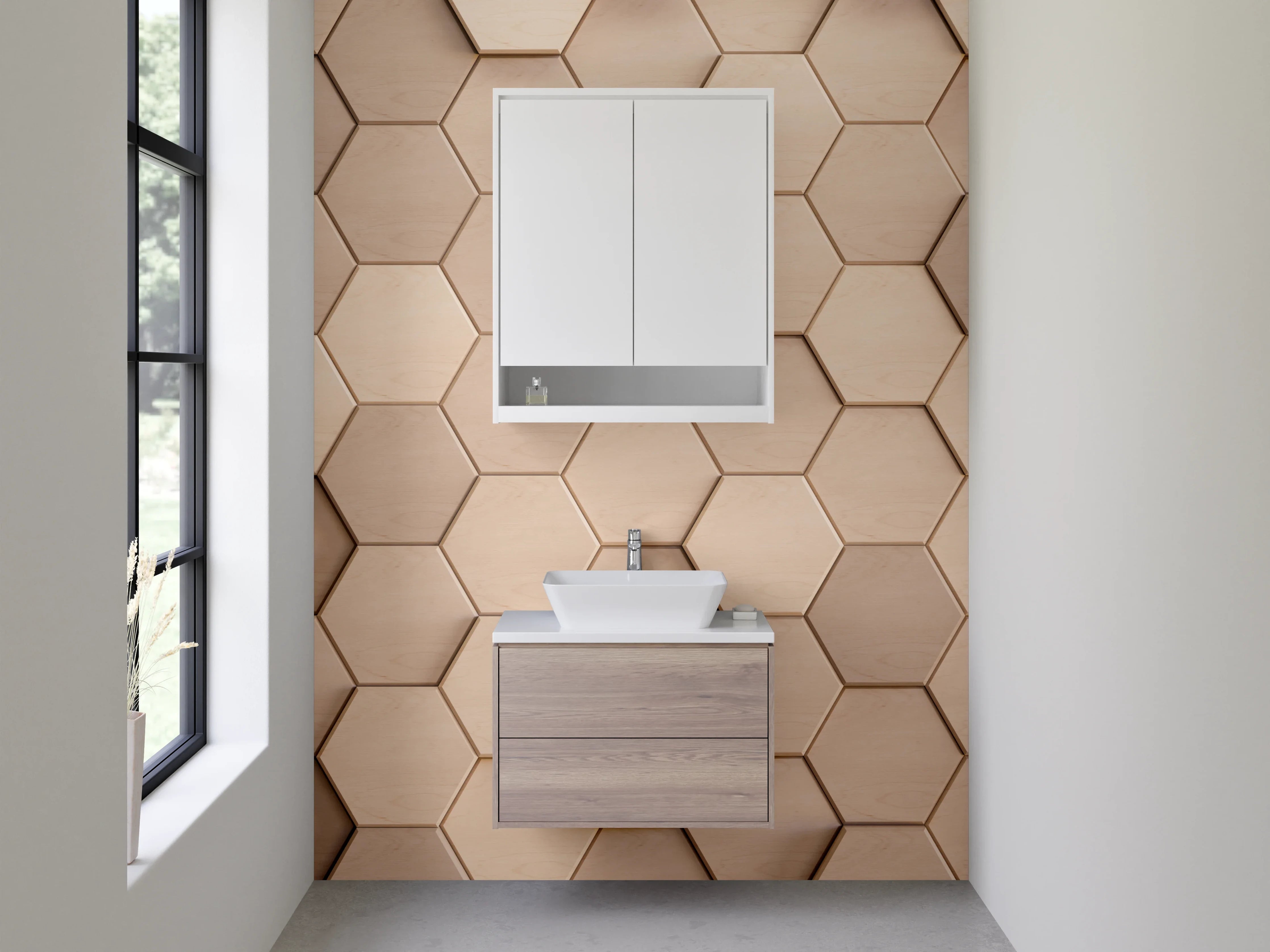 Waschbecken-Rückwand - Hexagon Mosaik Beige 3D Effekt