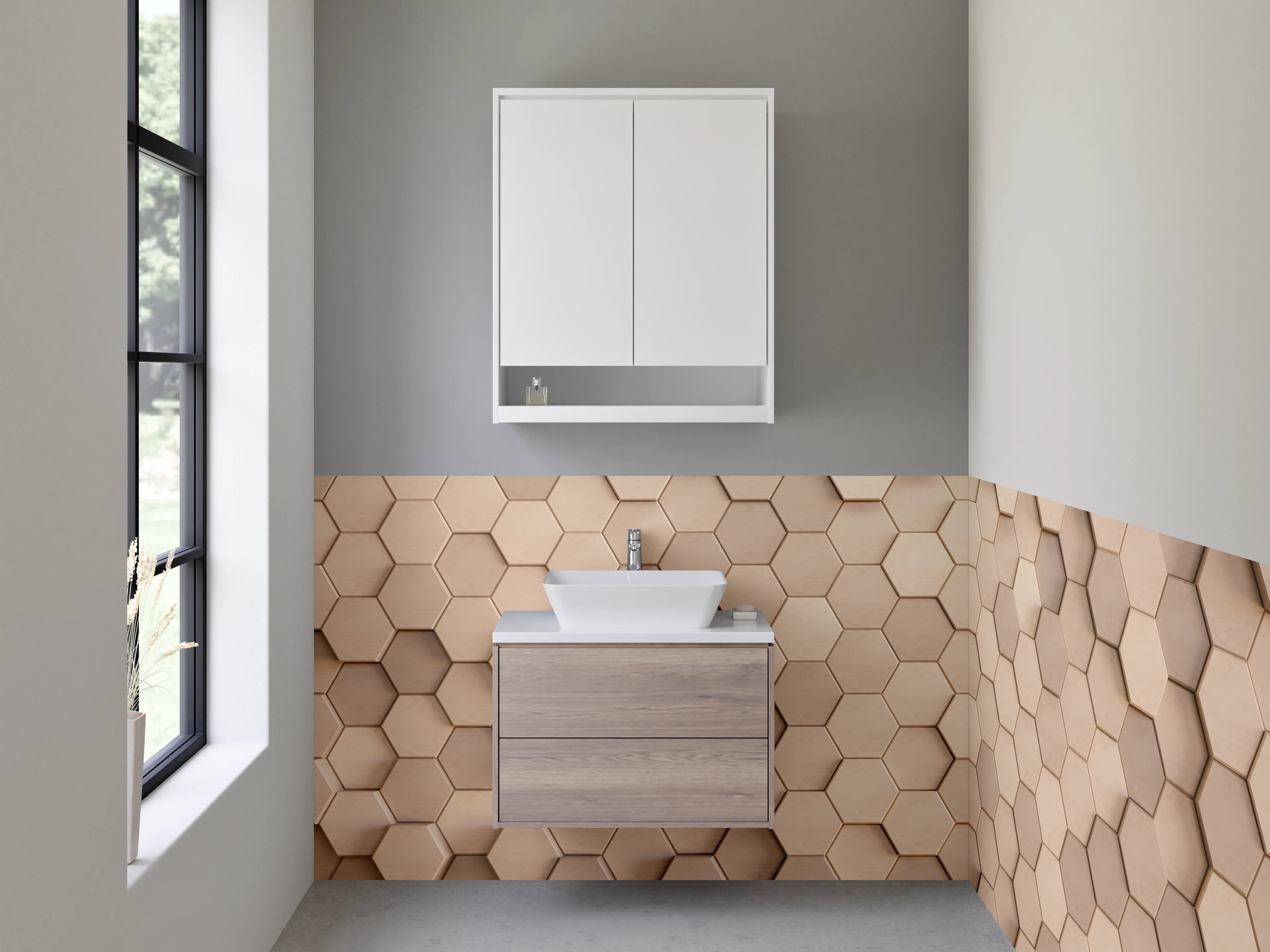 Waschbecken-Rückwand - Hexagon Mosaik Beige 3D Effekt