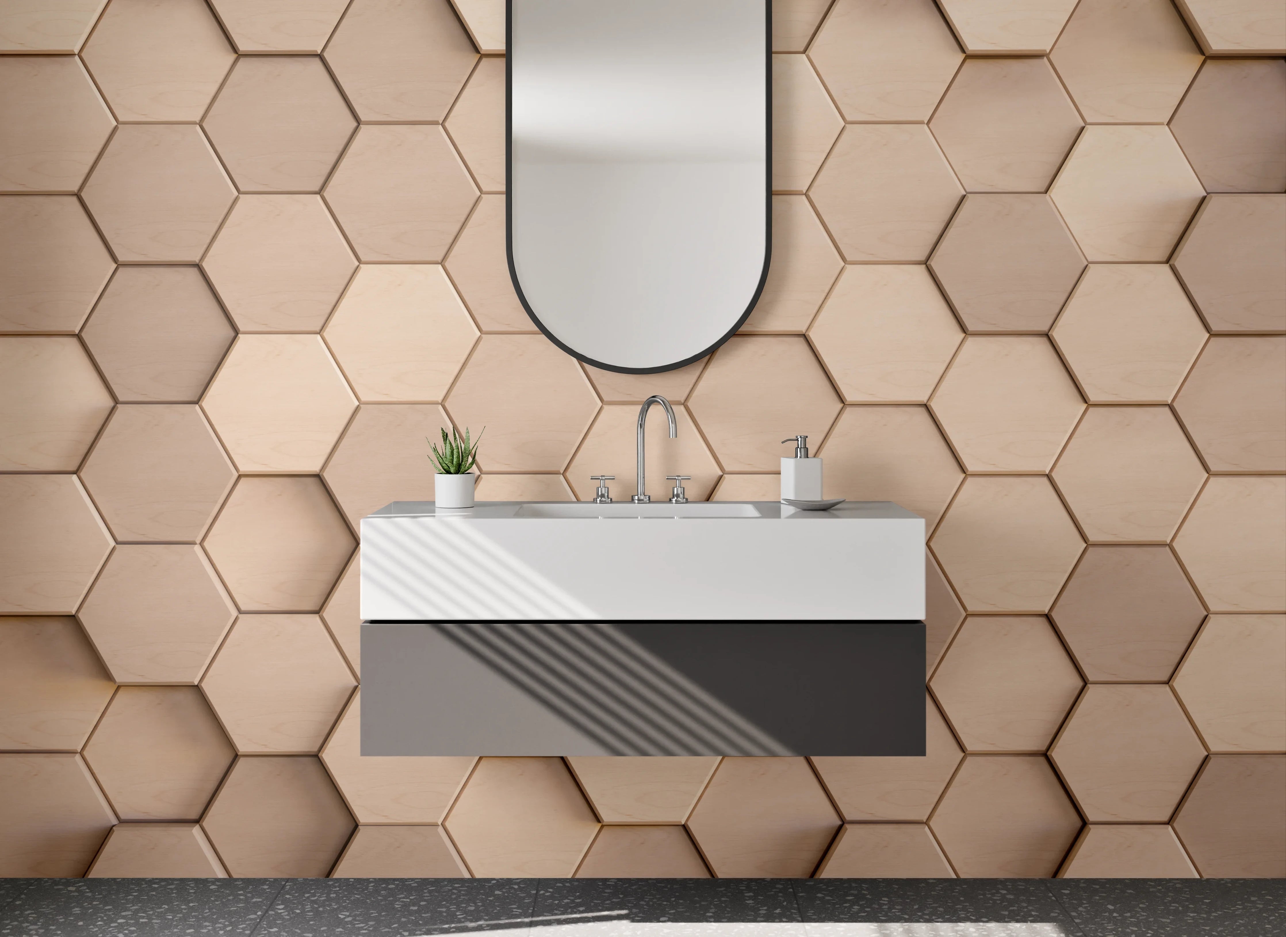 Waschbecken-Rückwand - Hexagon Mosaik Beige 3D Effekt