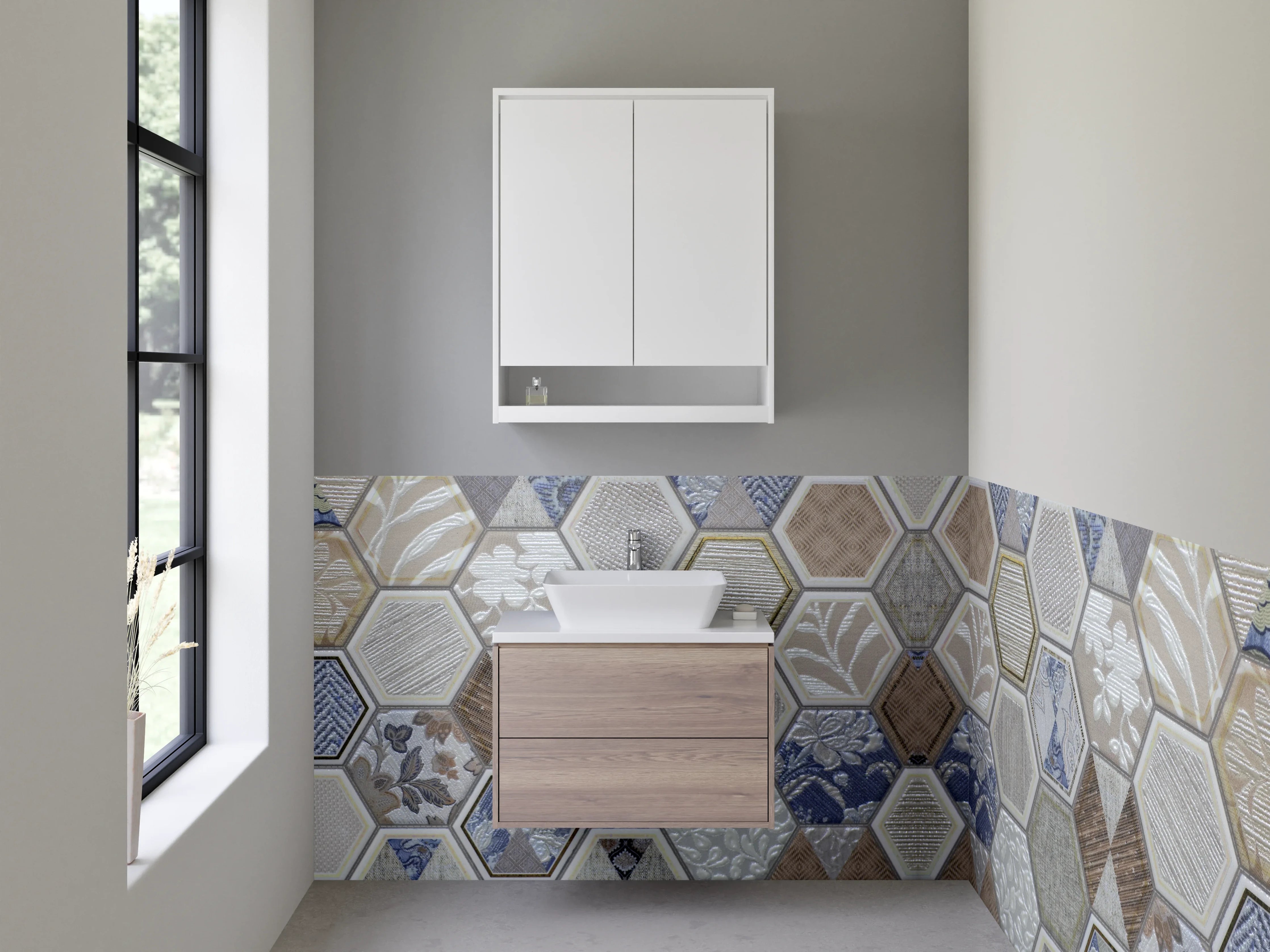 Waschbecken-Rückwand - Hexagon Mosaik Fliesen Beige Blau