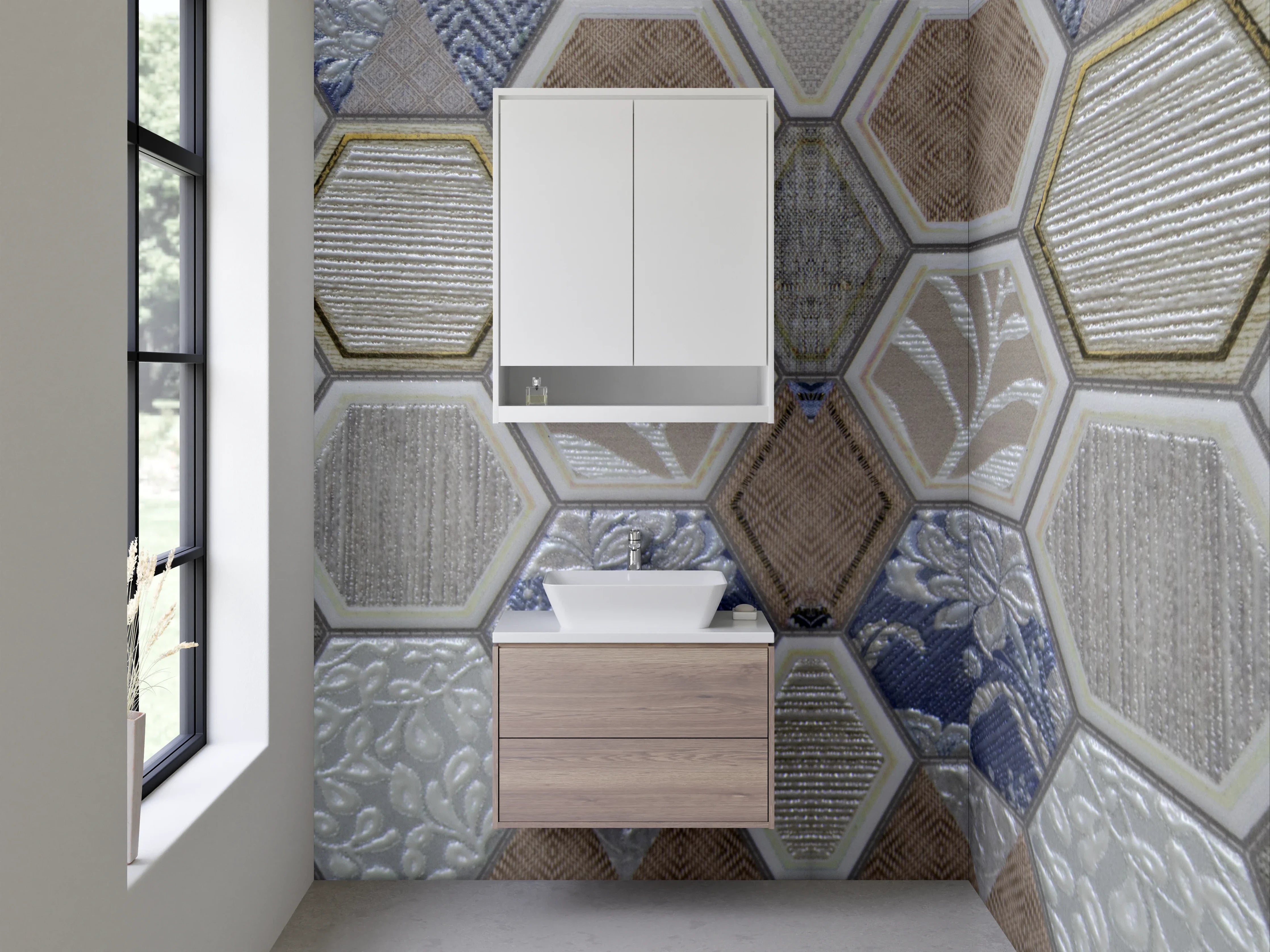 Waschbecken-Rückwand - Hexagon Mosaik Fliesen Beige Blau