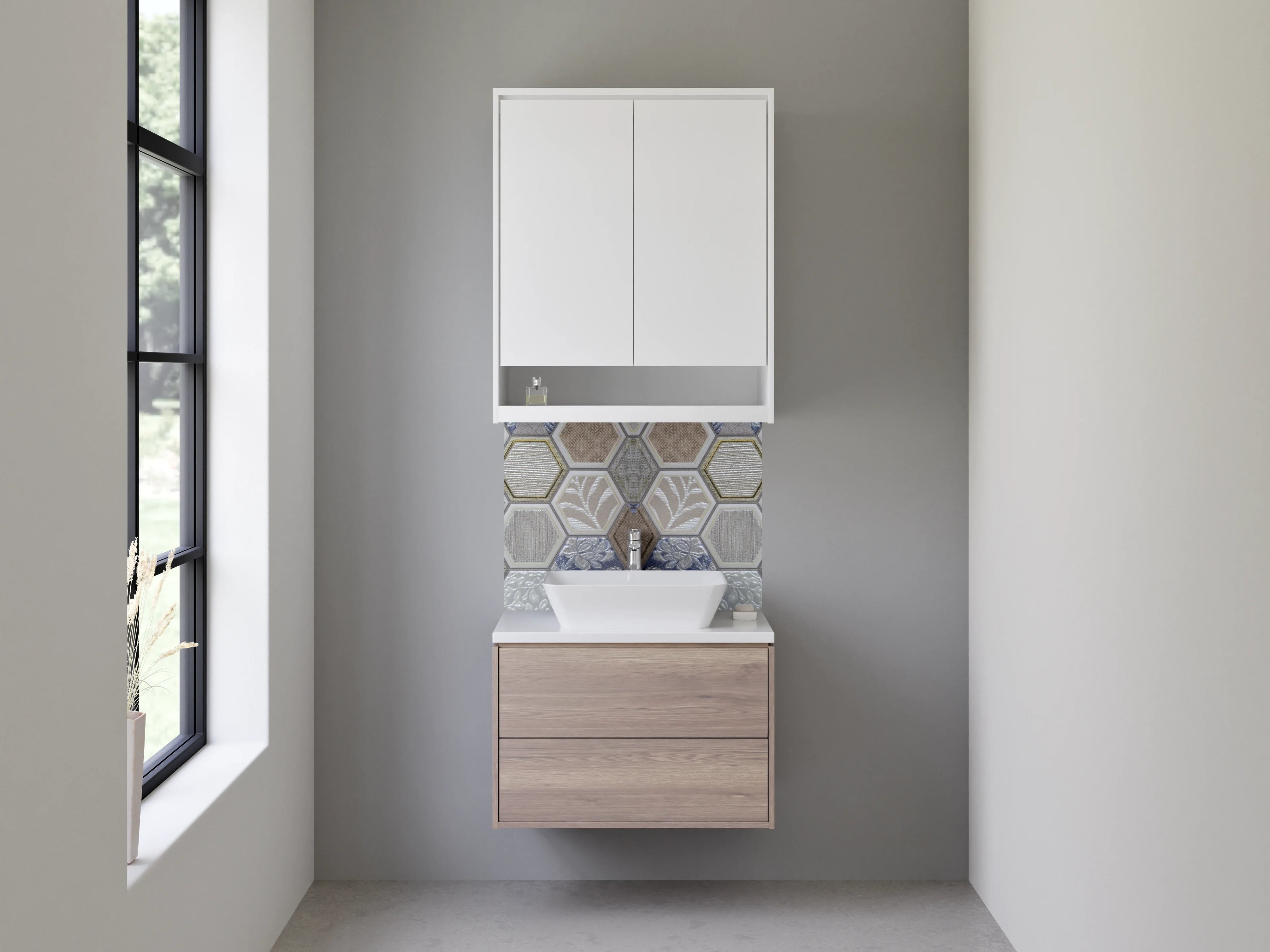 Waschbecken-Rückwand - Hexagon Mosaik Fliesen Beige Blau