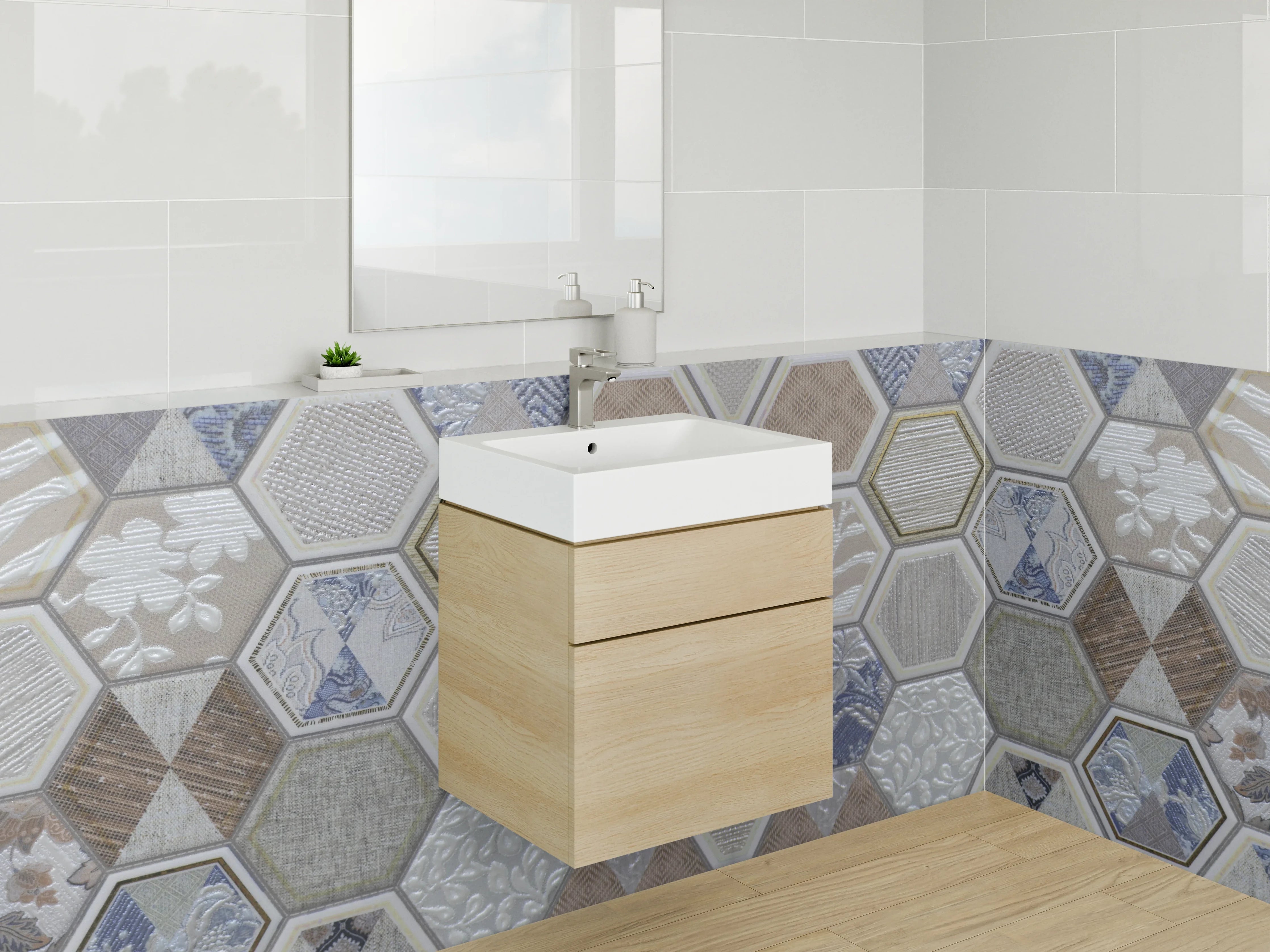 Waschbecken-Rückwand - Hexagon Mosaik Fliesen Beige Blau