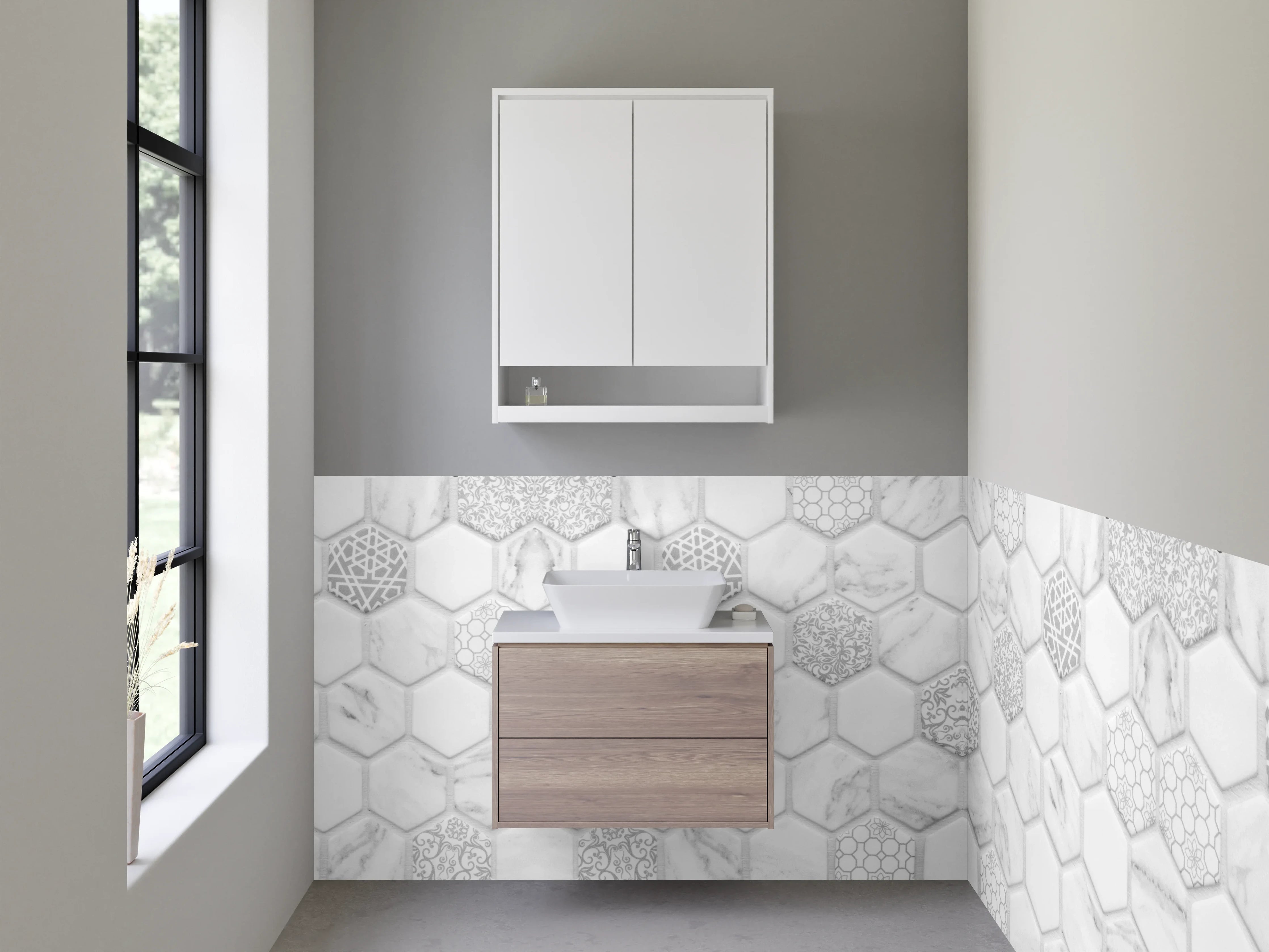 Waschbecken-Rückwand - Hexagon-Mosaik Marmor Weiß Grau