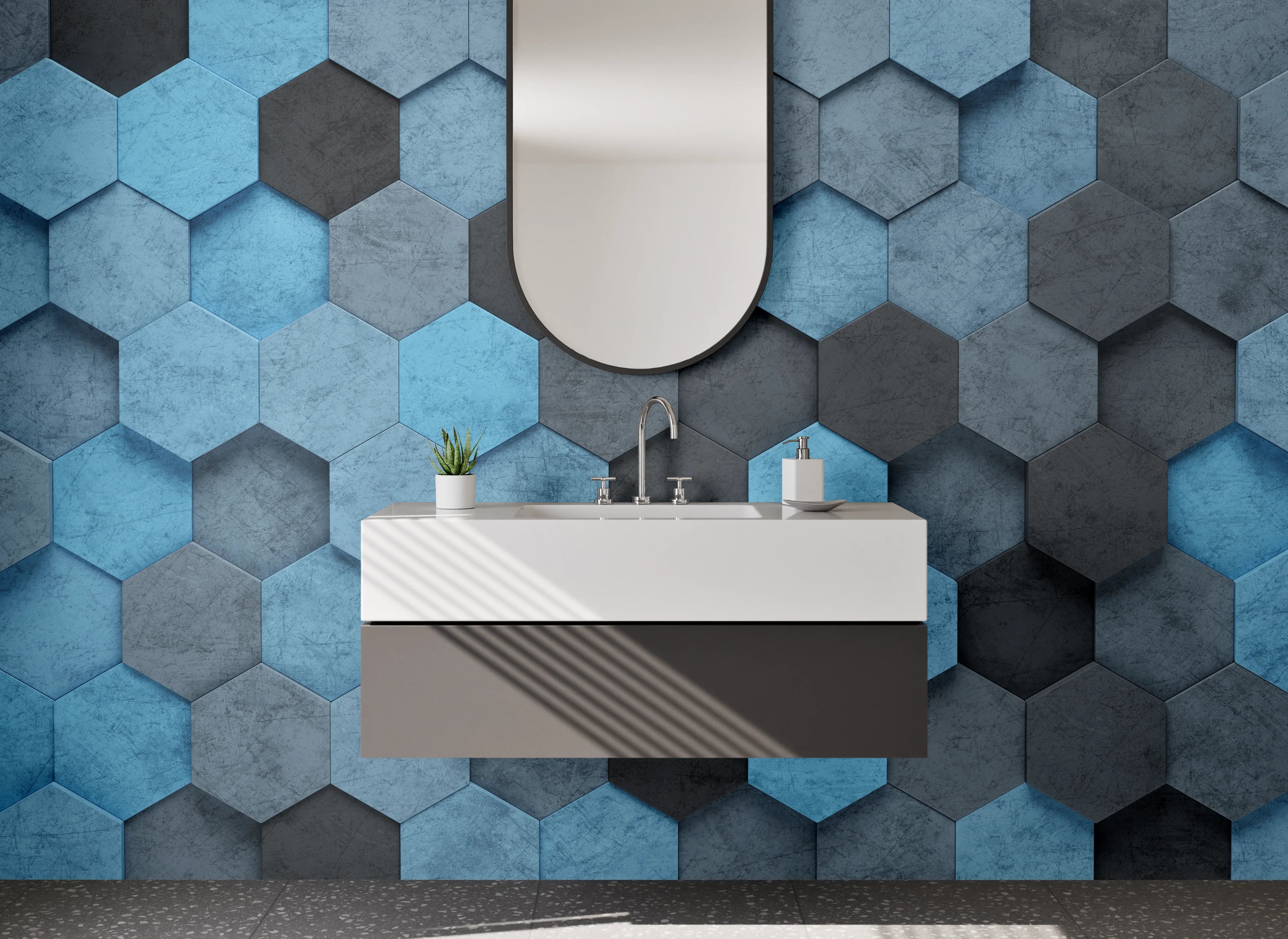 Waschbecken-Rückwand - Hexagon-Mosaik in Blau und Grau