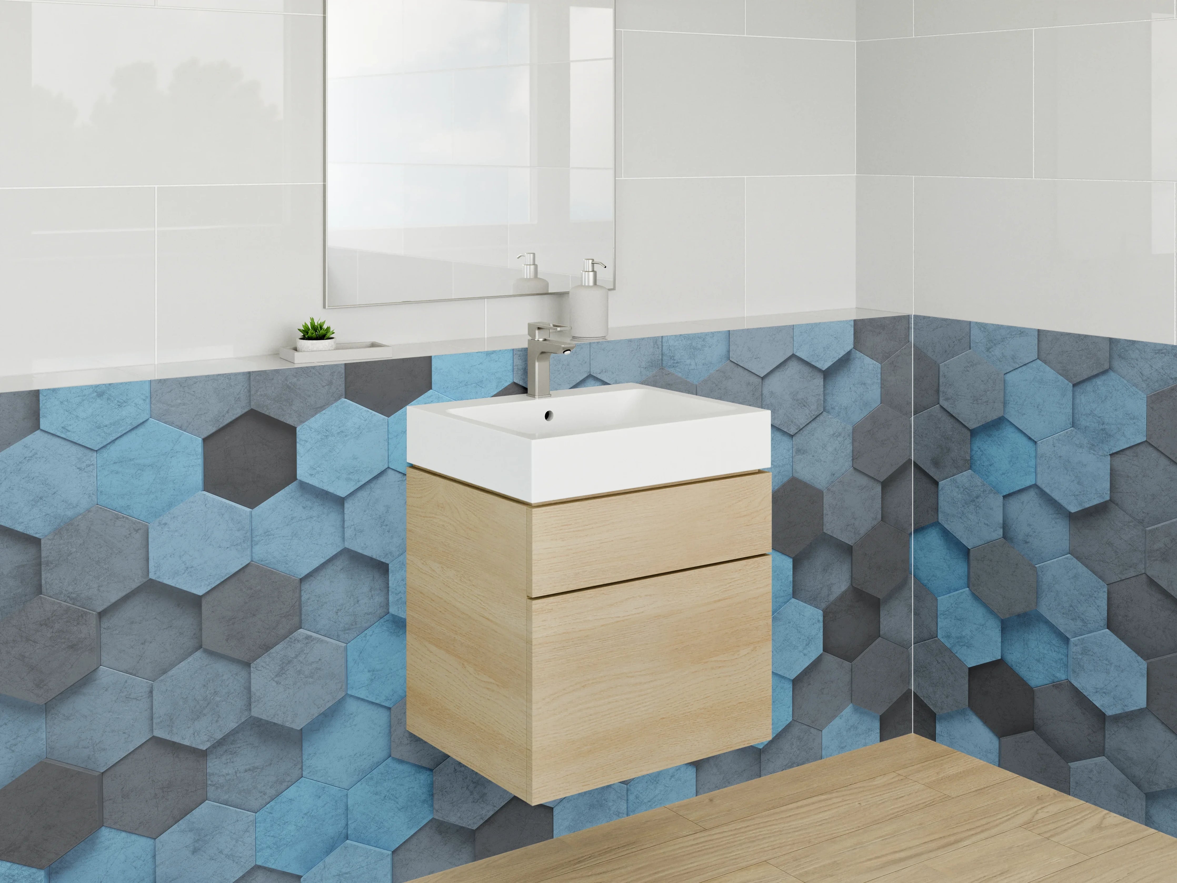 Waschbecken-Rückwand - Hexagon-Mosaik in Blau und Grau