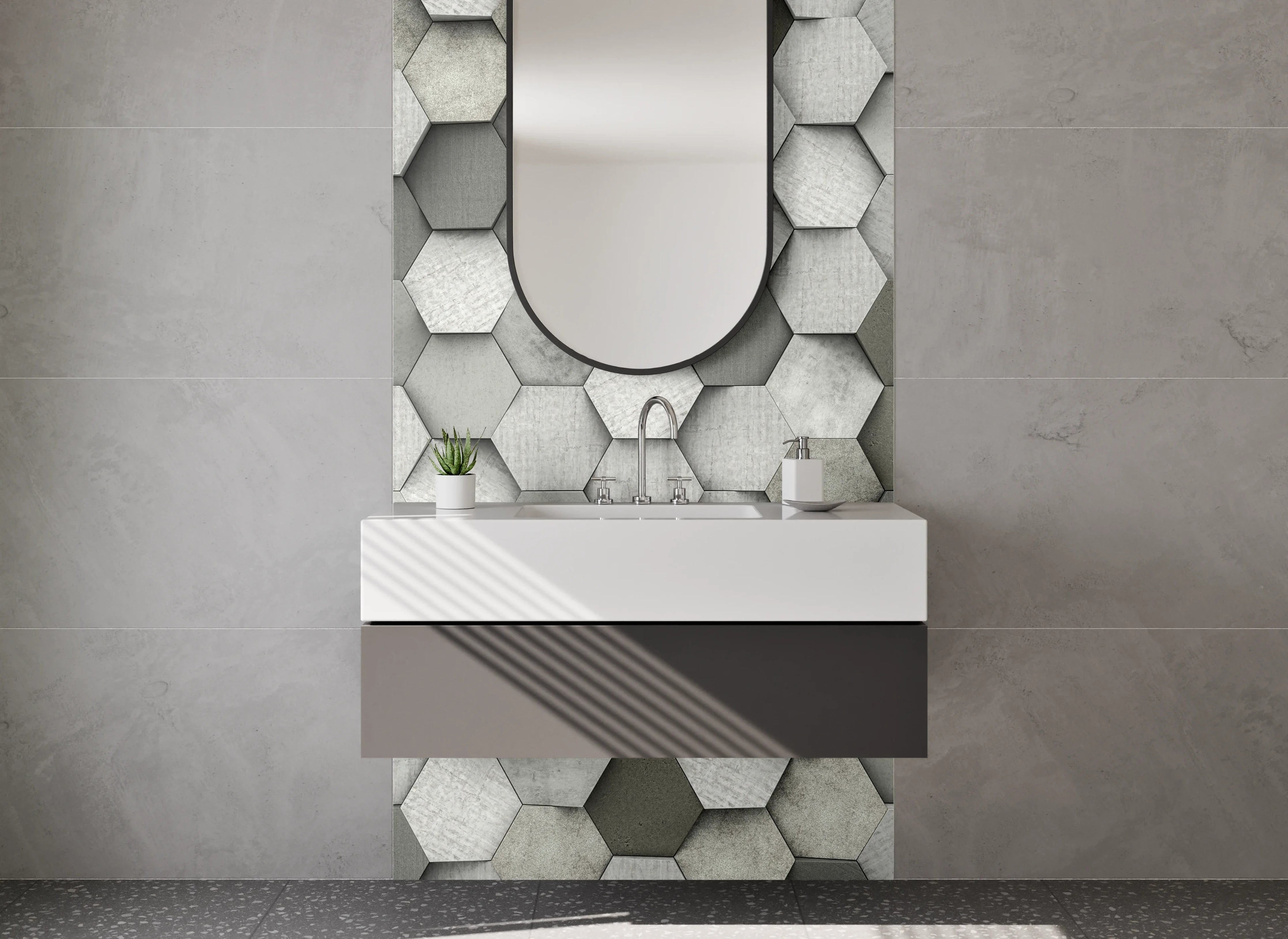 Waschbecken-Rückwand - Hexagon Mosaik in Weiß und Grau