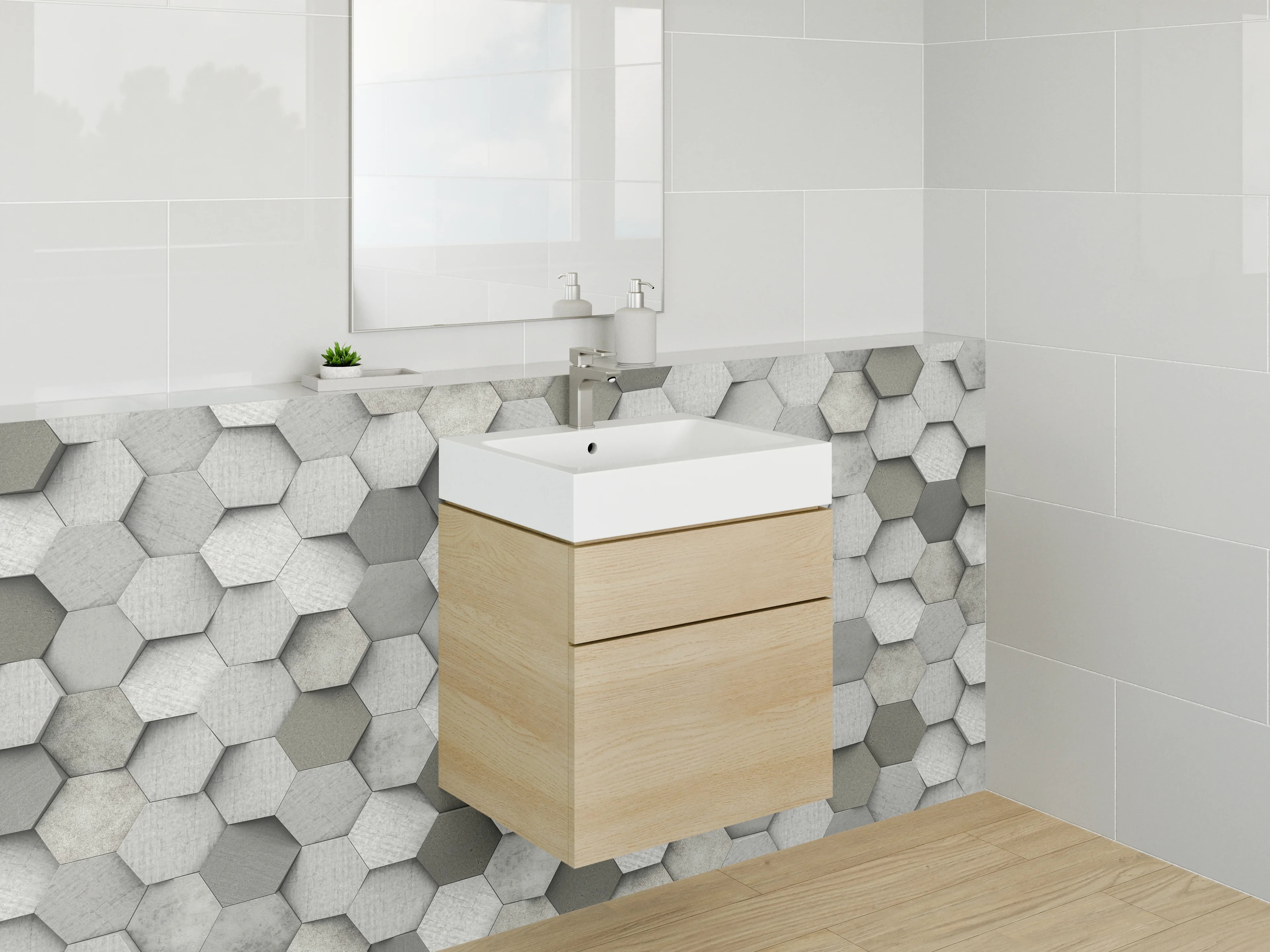 Waschbecken-Rückwand - Hexagon Mosaik in Weiß und Grau