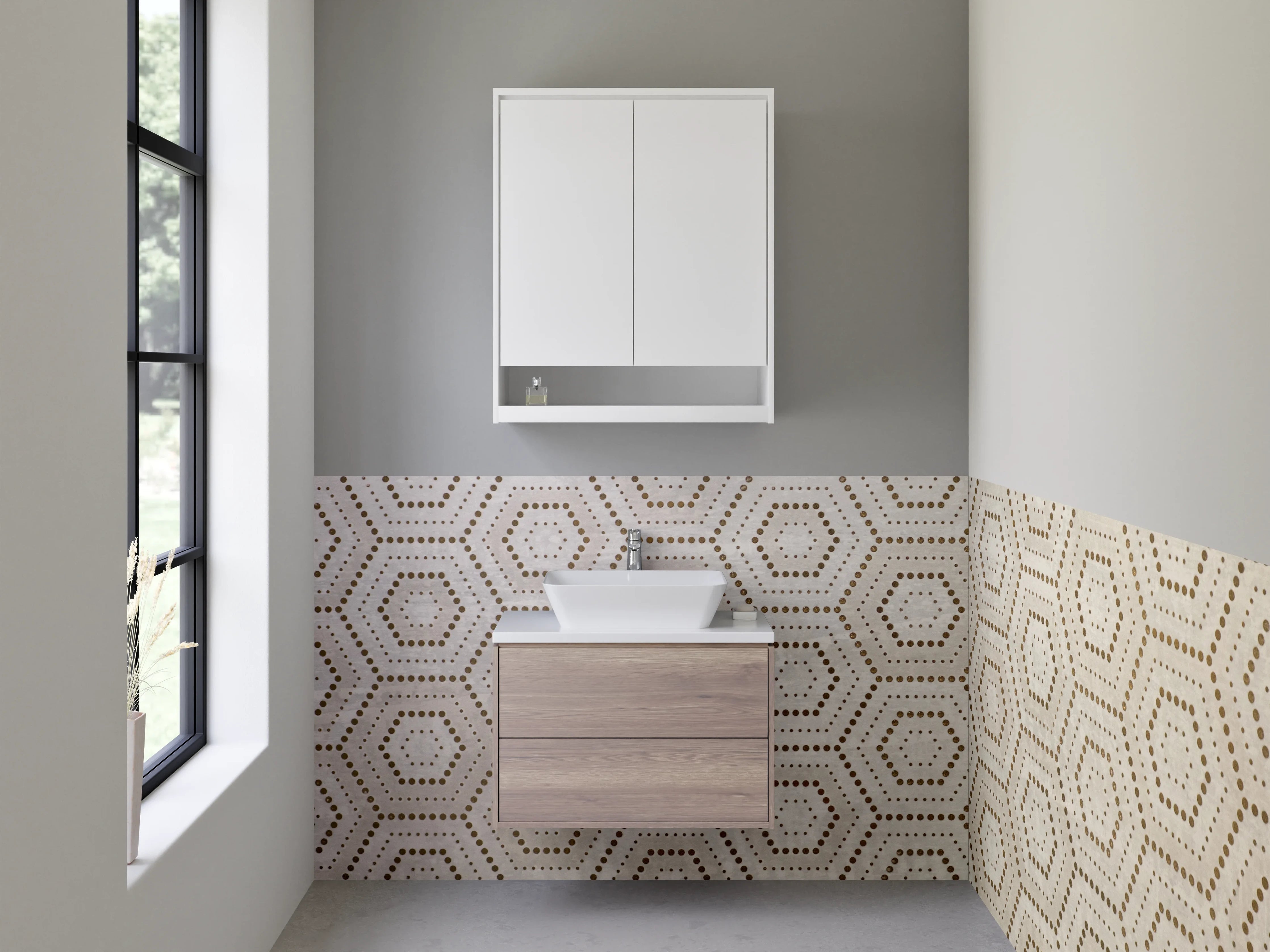 Waschbecken-Rückwand - Hexagon Muster Beige Braun Weiß