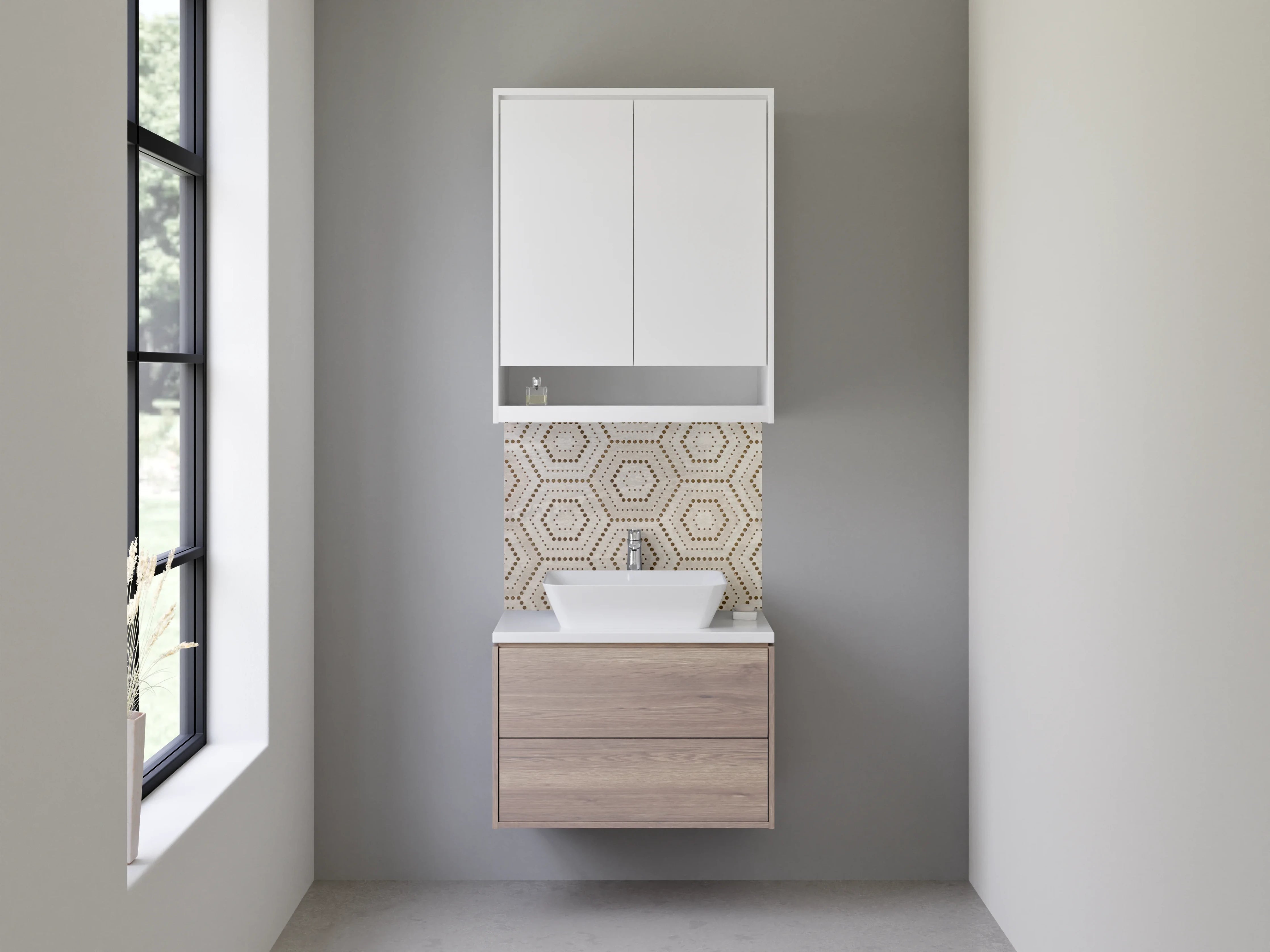 Waschbecken-Rückwand - Hexagon Muster Beige Braun Weiß