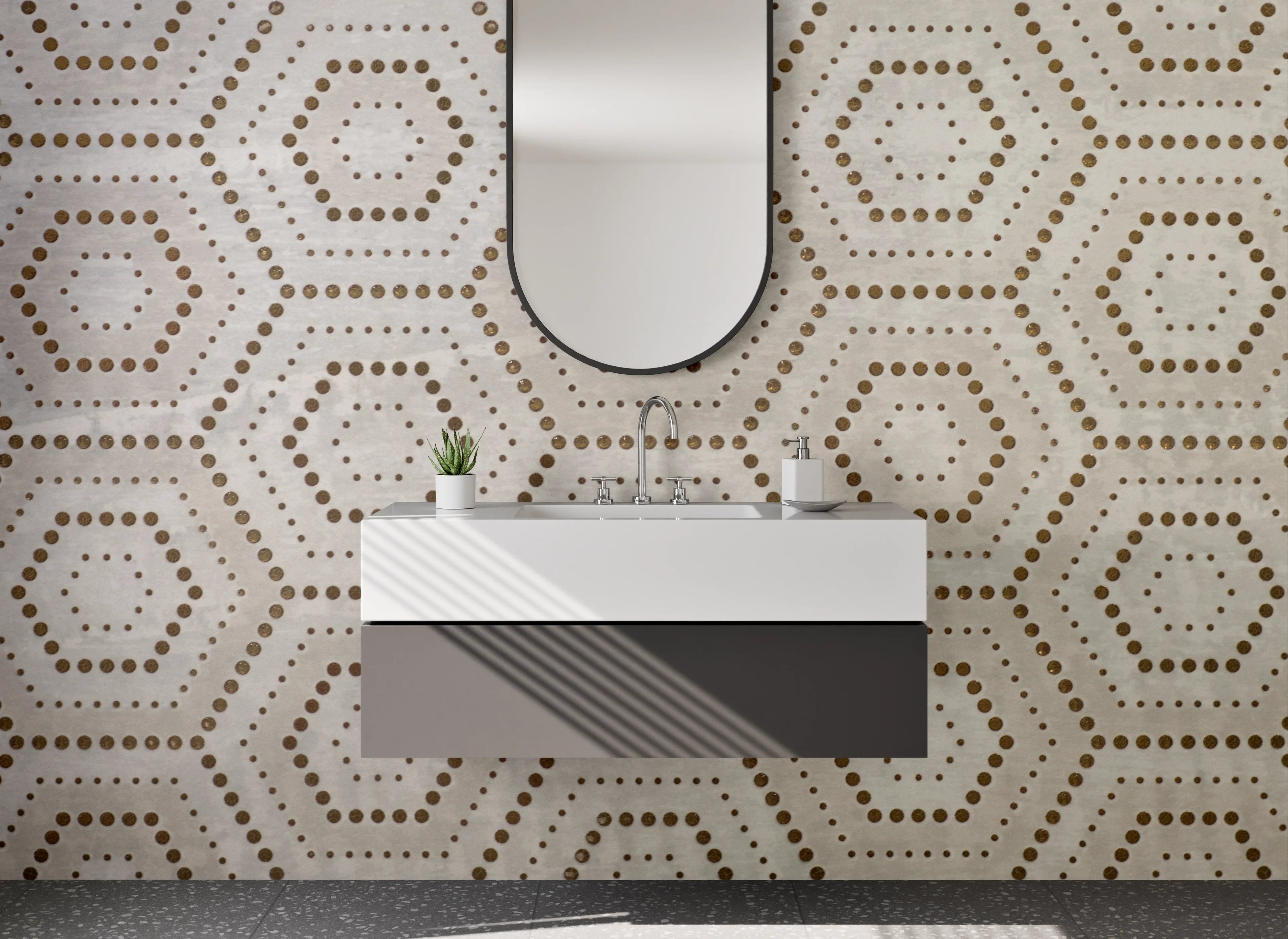 Waschbecken-Rückwand - Hexagon Muster Beige Braun Weiß