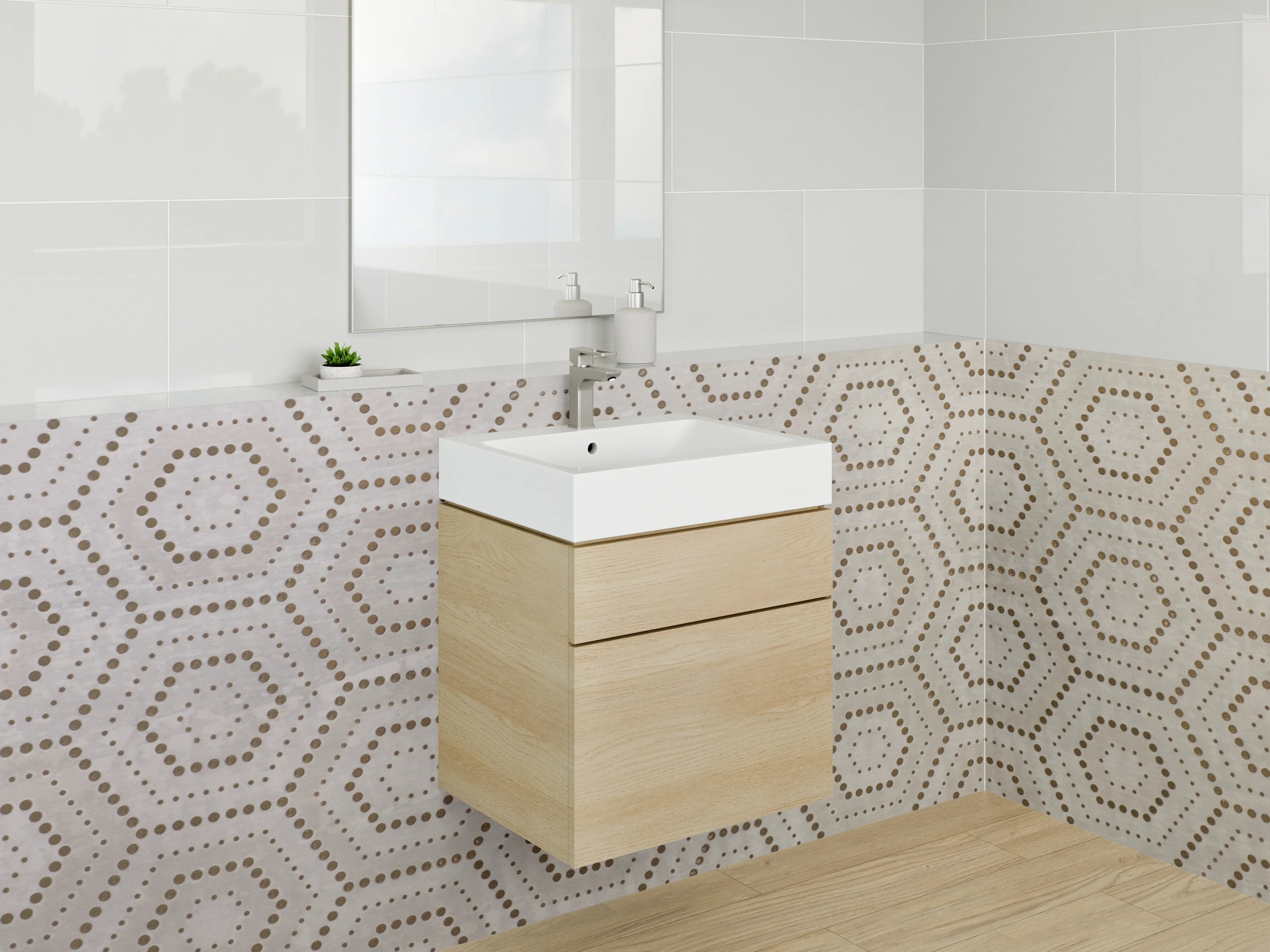 Waschbecken-Rückwand - Hexagon Muster Beige Braun Weiß