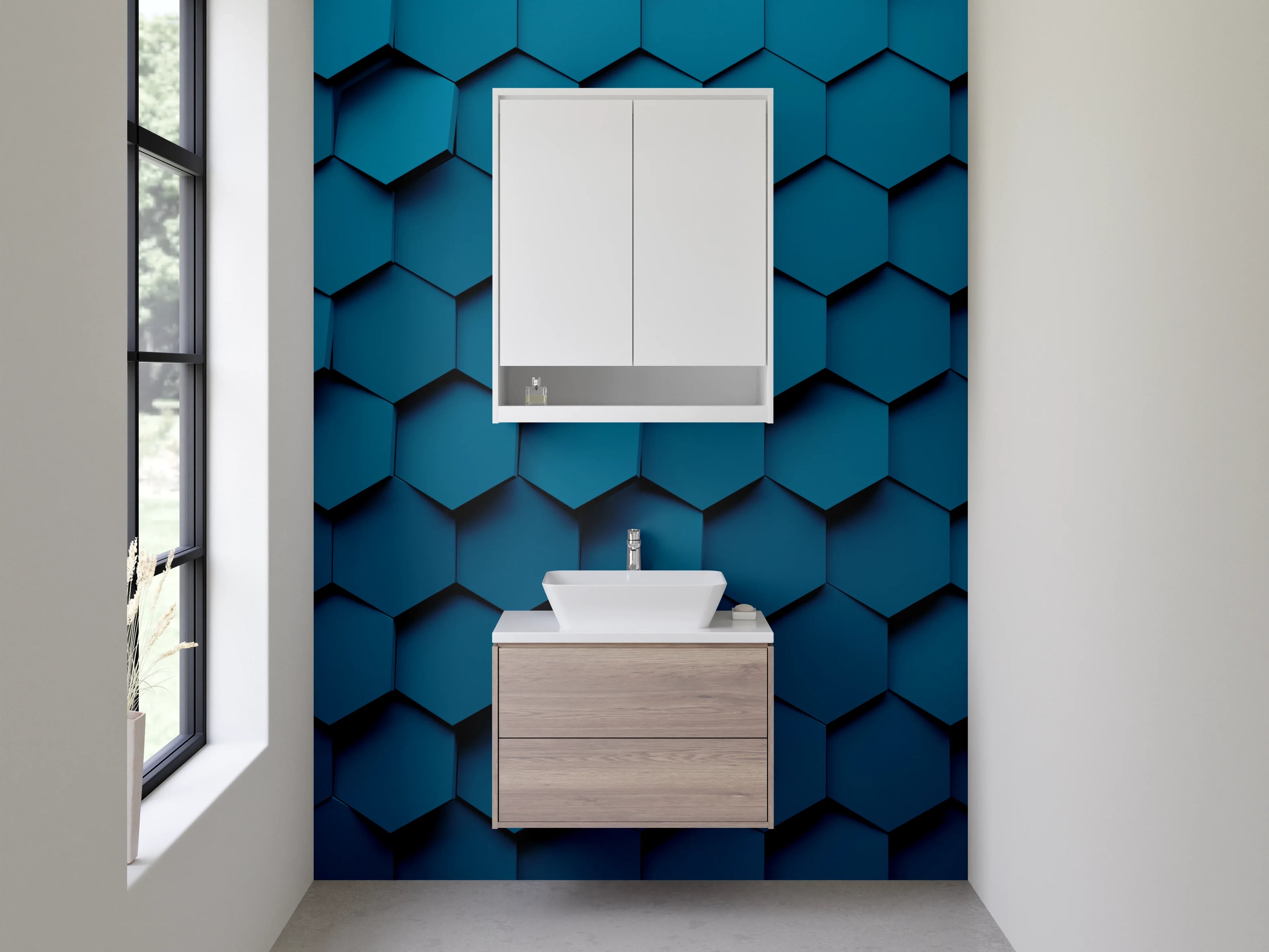 Waschbecken-Rückwand - Hexagon Muster Blau 3D Effekt