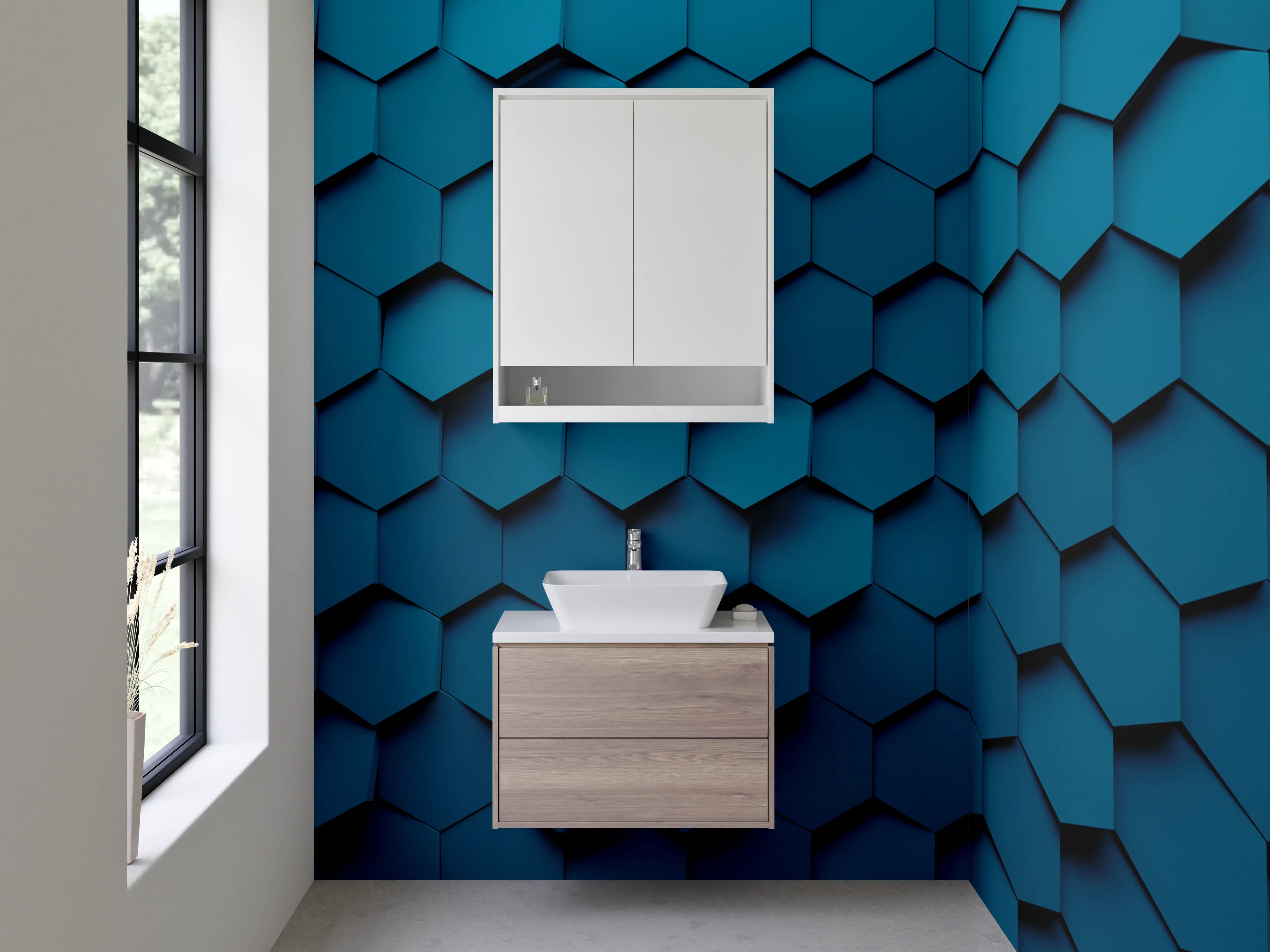 Waschbecken-Rückwand - Hexagon Muster Blau 3D Effekt