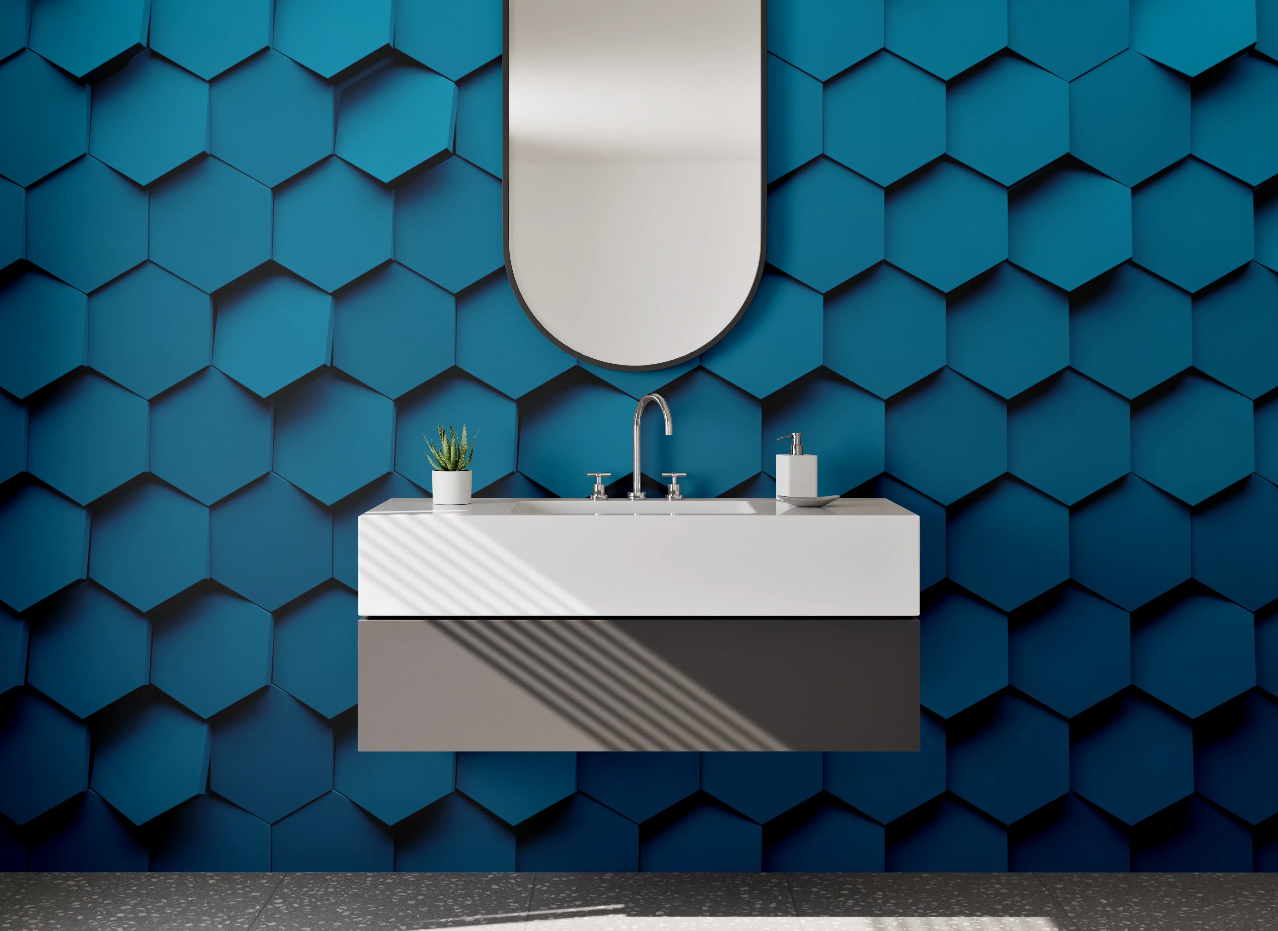 Waschbecken-Rückwand - Hexagon Muster Blau 3D Effekt