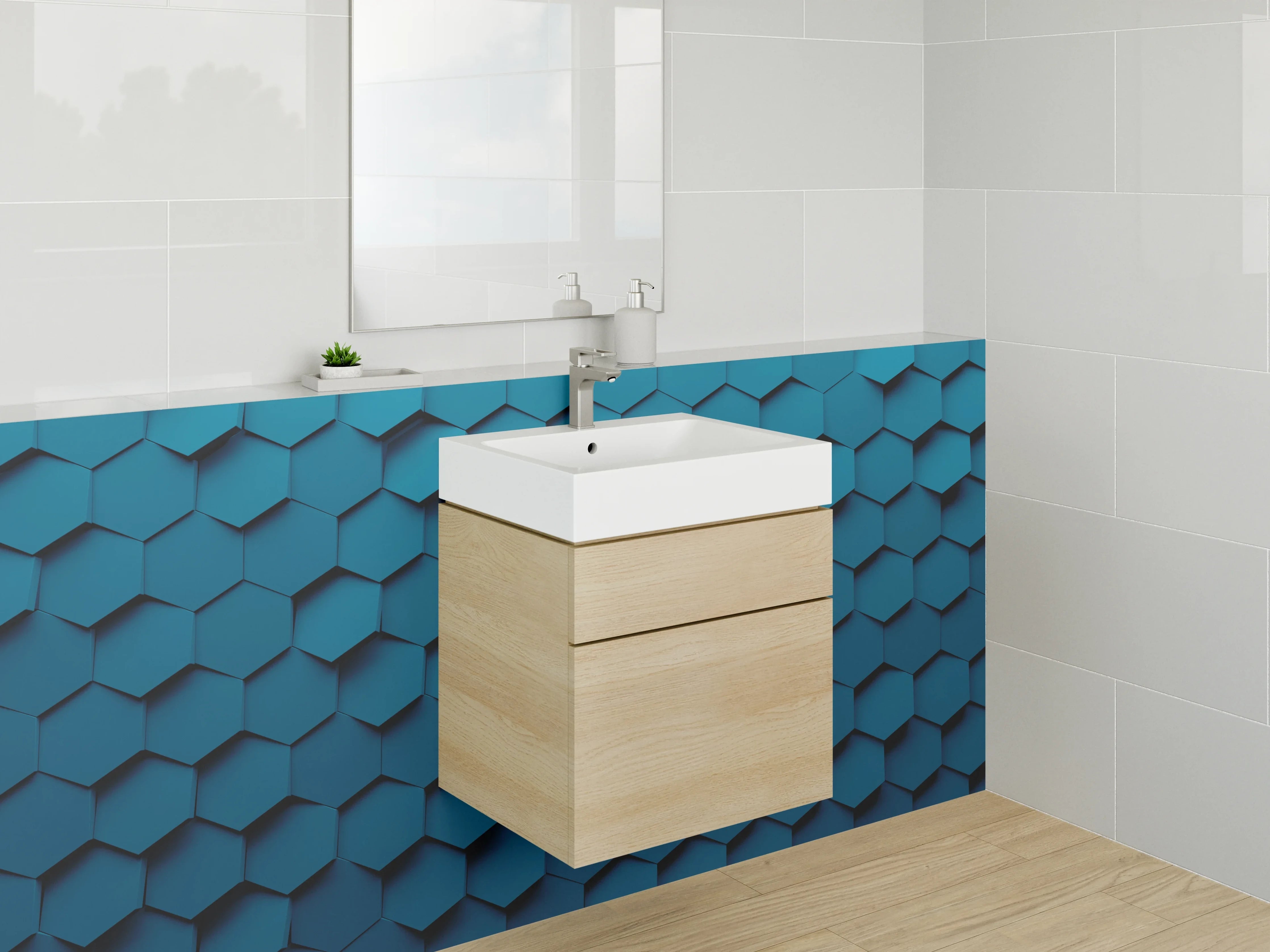 Waschbecken-Rückwand - Hexagon Muster Blau 3D Effekt
