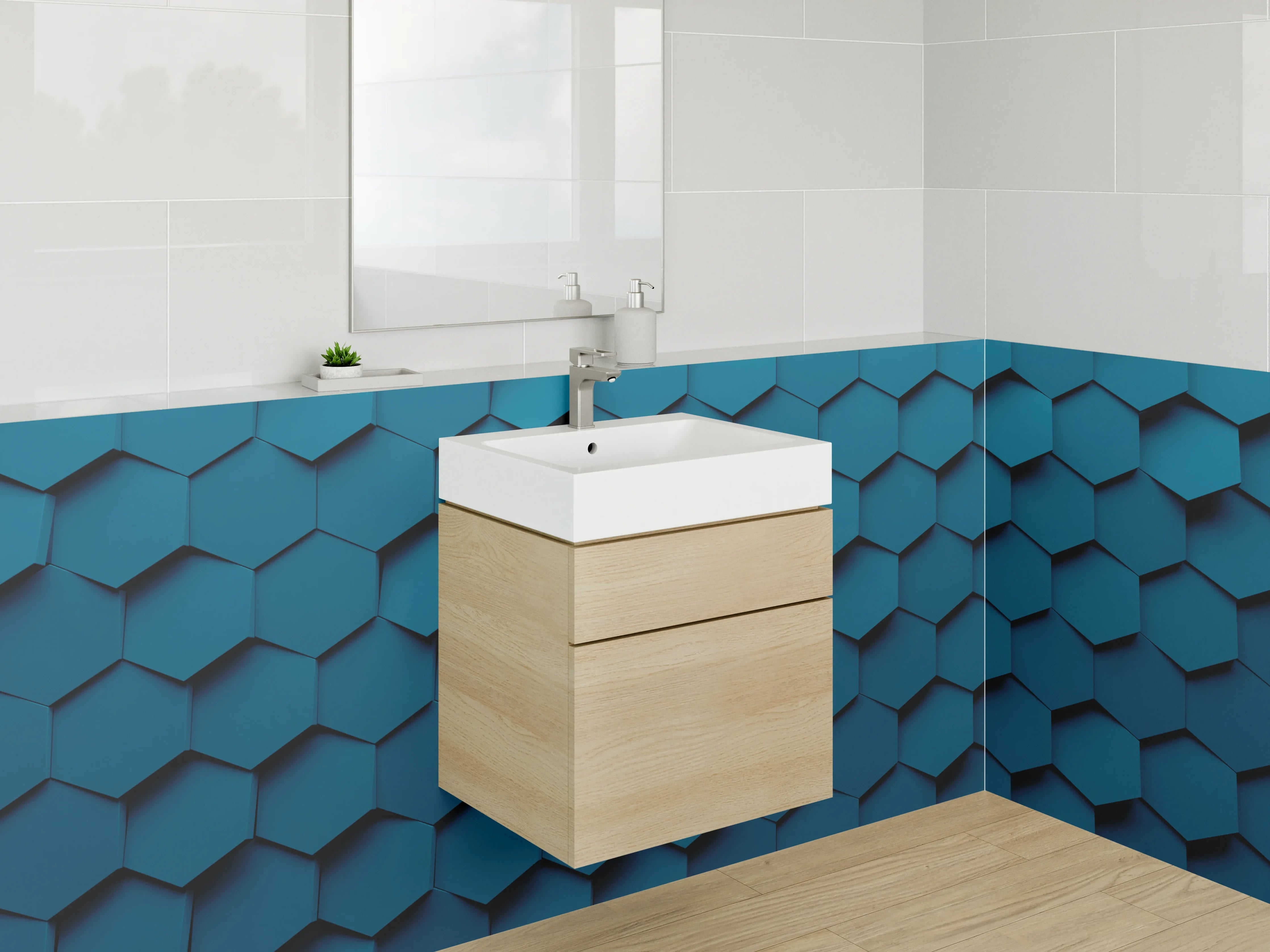 Waschbecken-Rückwand - Hexagon Muster Blau 3D Effekt