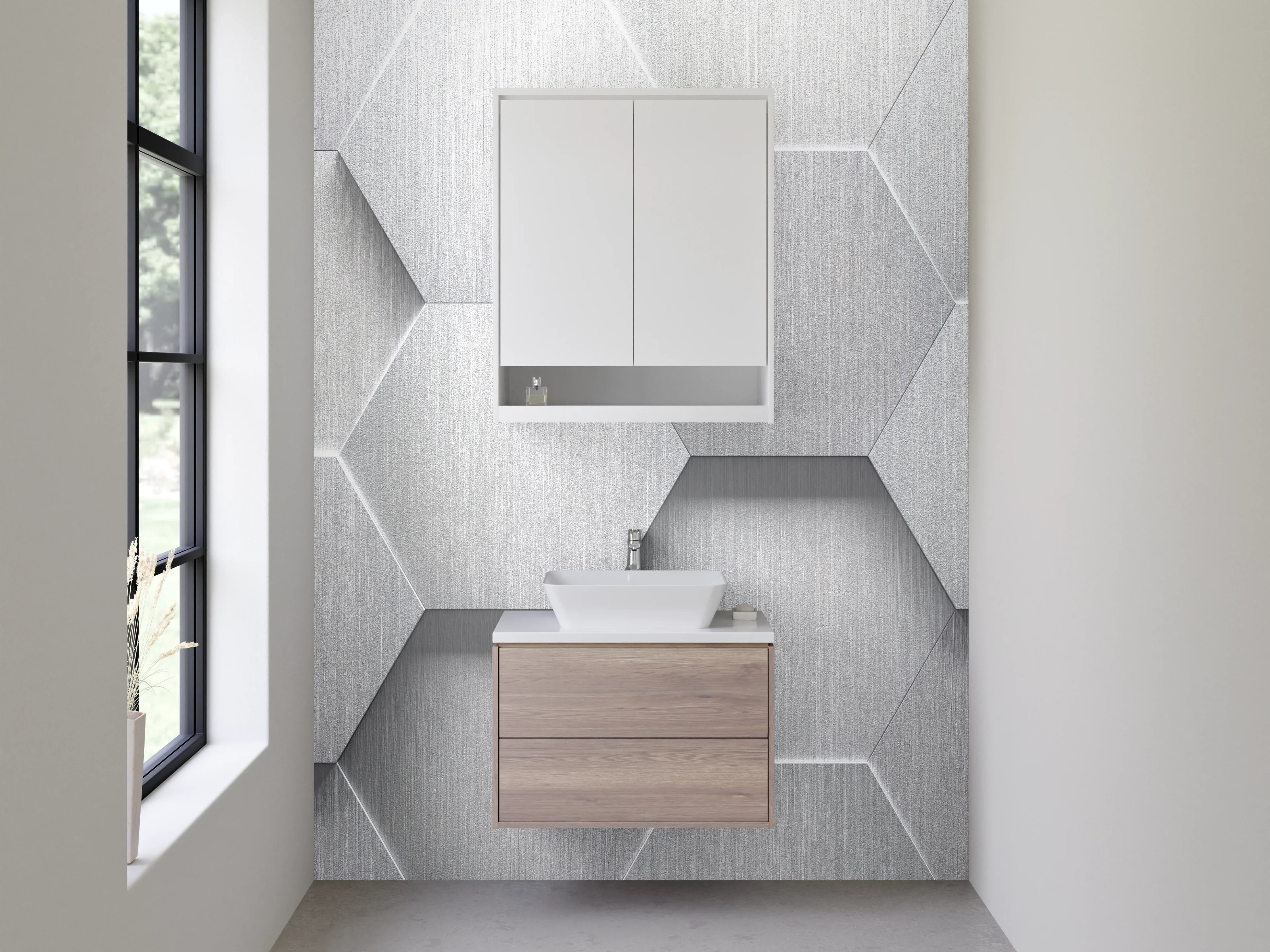 Waschbecken-Rückwand - Hexagon Muster Weiß Grau Metallic